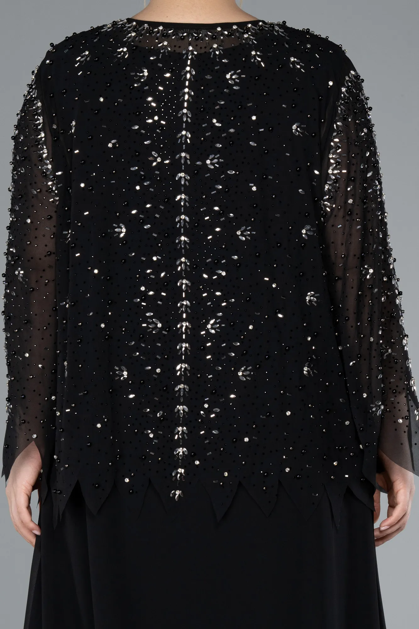 Black-Long Sleeve Stoned Chiffon Plus Size Evening Dress ABU4396