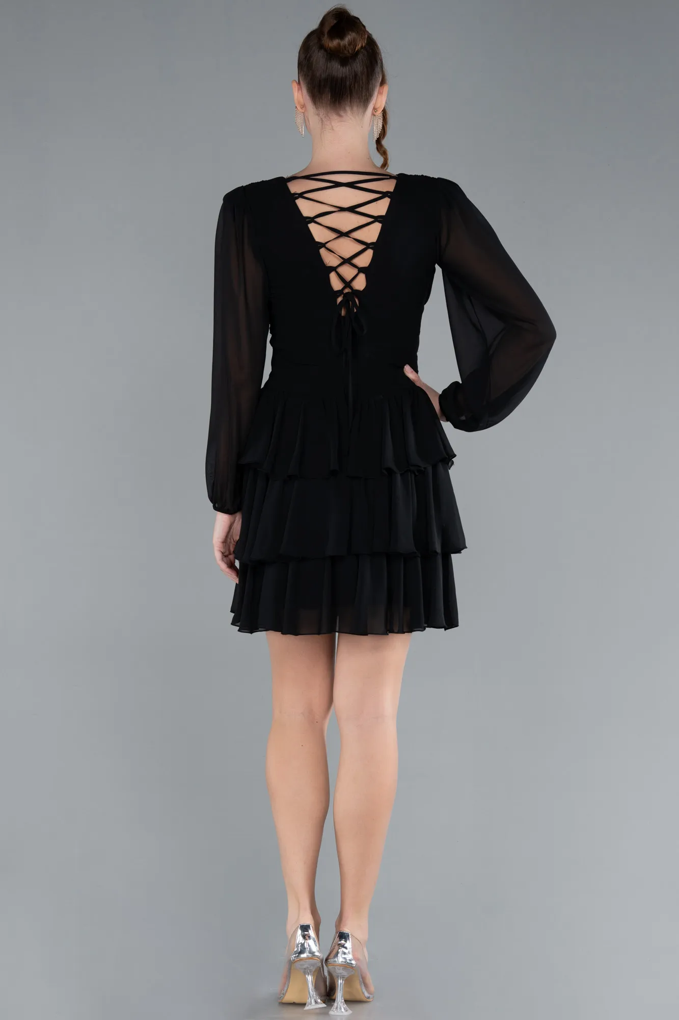 Black-Long Sleeve V Neck Chiffon Short Cocktail Dress ABK2281