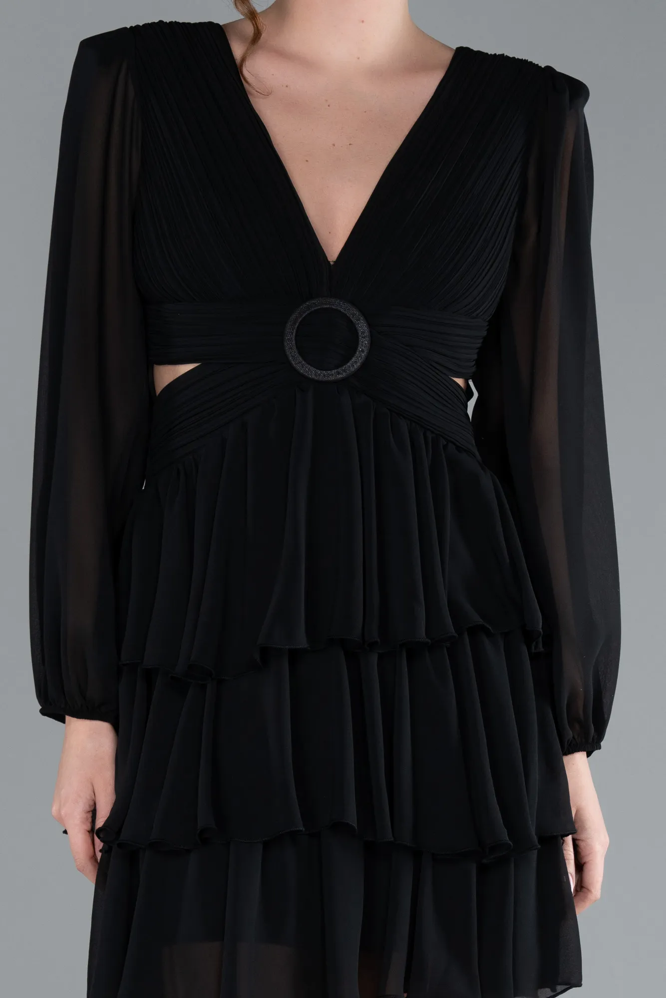 Black-Long Sleeve V Neck Chiffon Short Cocktail Dress ABK2281