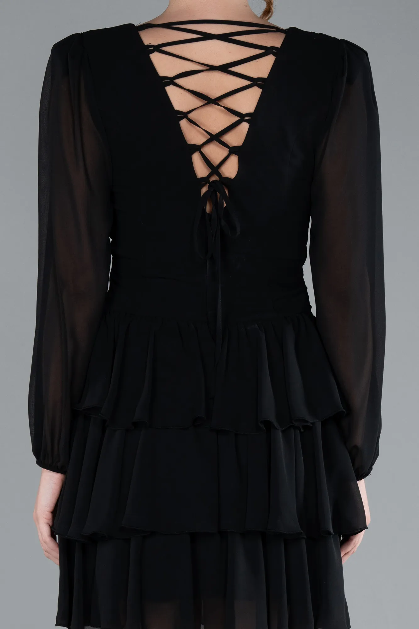 Black-Long Sleeve V Neck Chiffon Short Cocktail Dress ABK2281