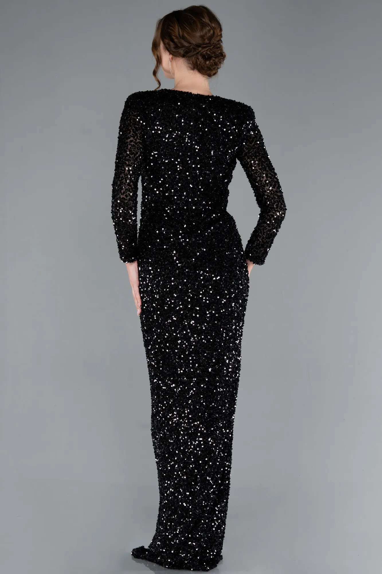 Black-Long Sleeve V Neck Scaly Evening Gown ABU4763