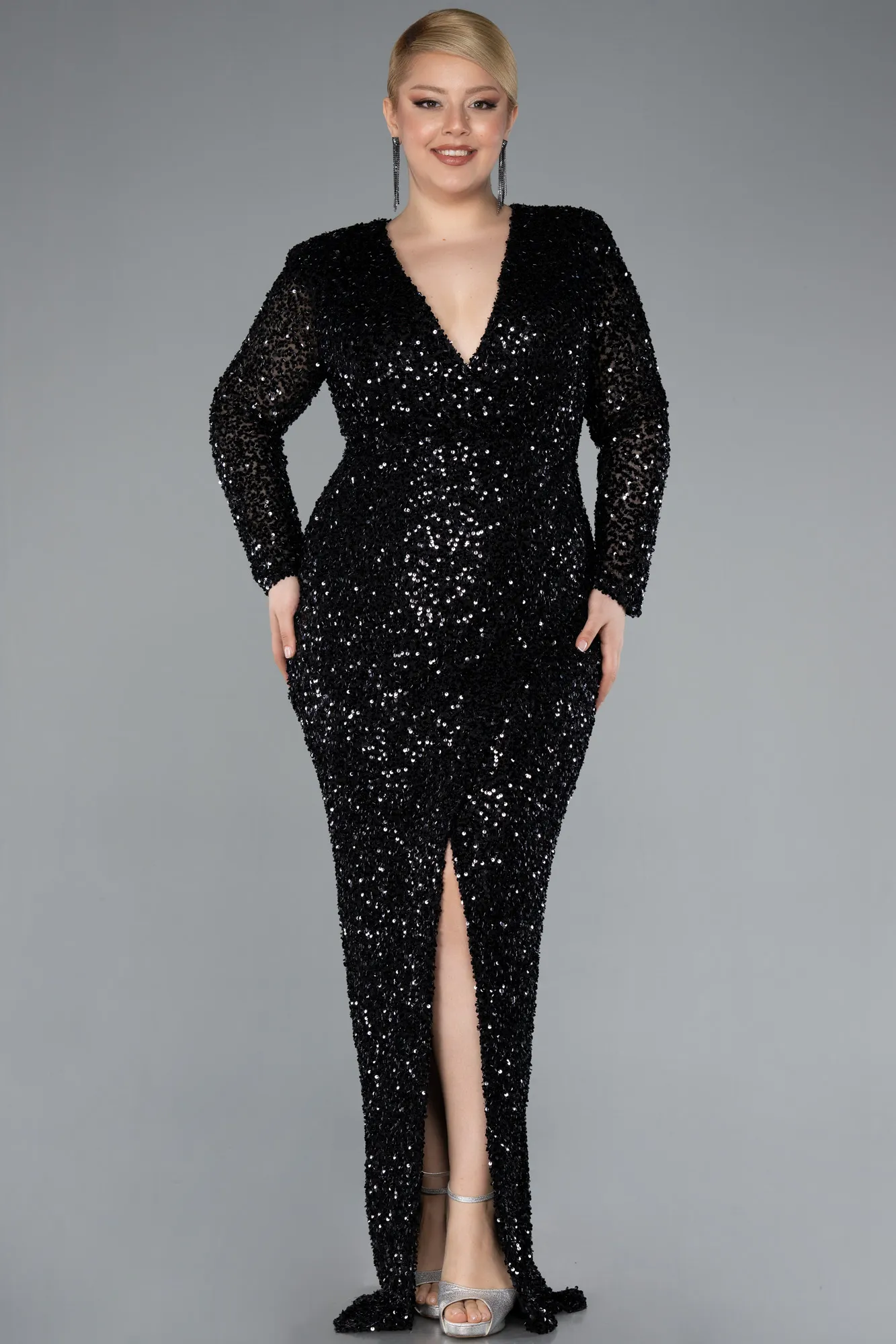 Black-Long Sleeve V Neck Scaly Plus Size Evening Gown ABU4764