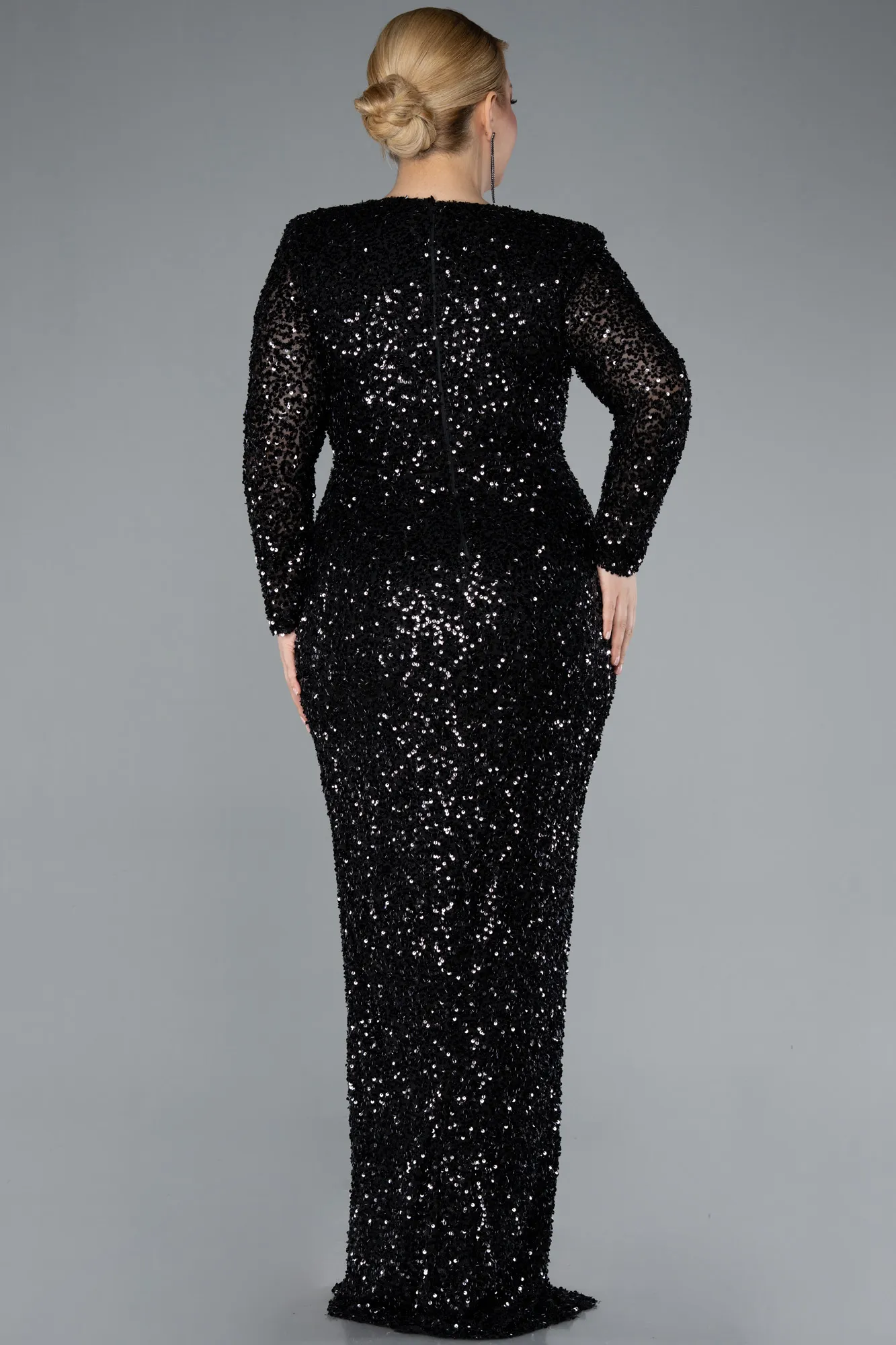 Black-Long Sleeve V Neck Scaly Plus Size Evening Gown ABU4764