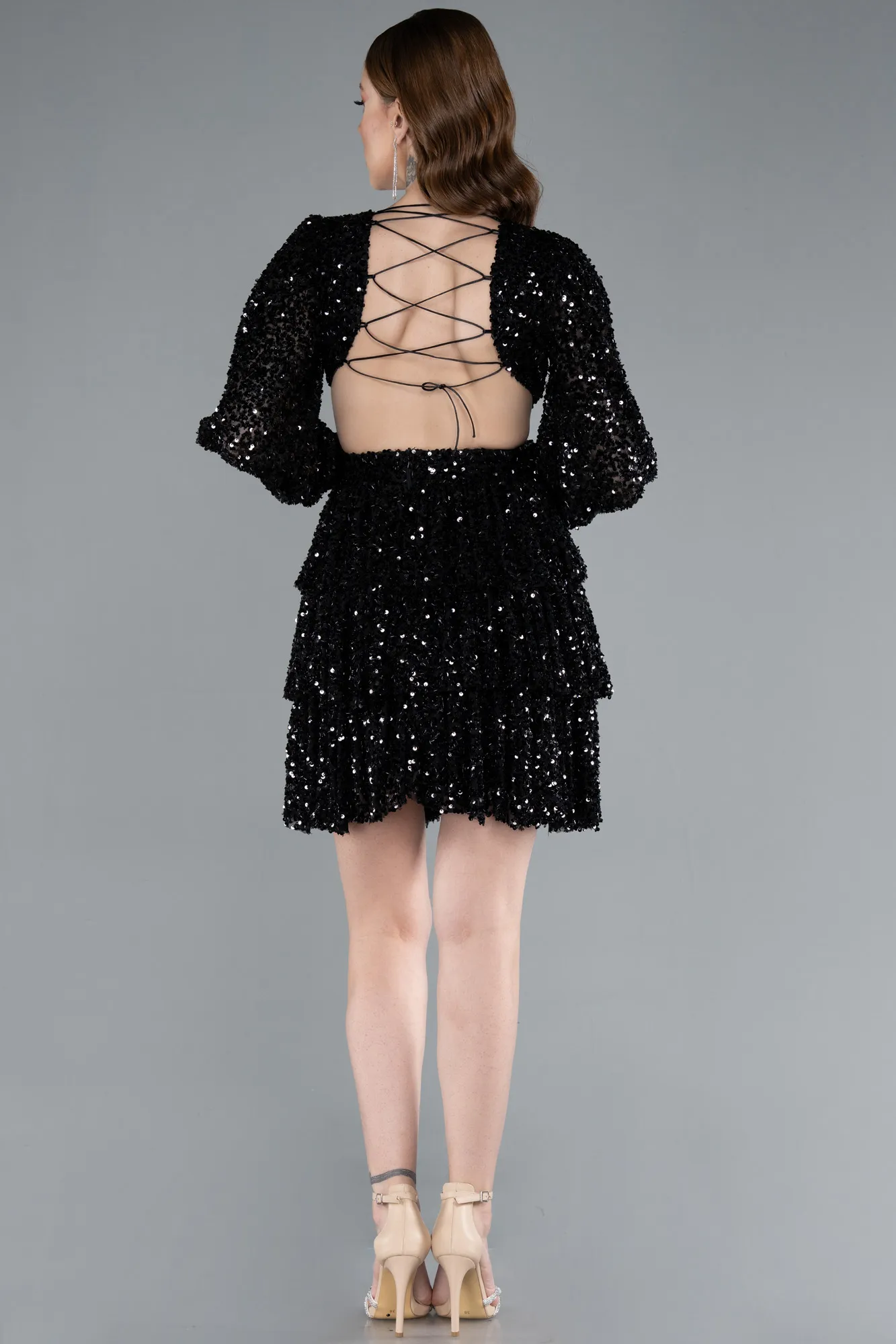 Black-Long Sleeve V Neck Sequined Short Evening Dress ABK2282