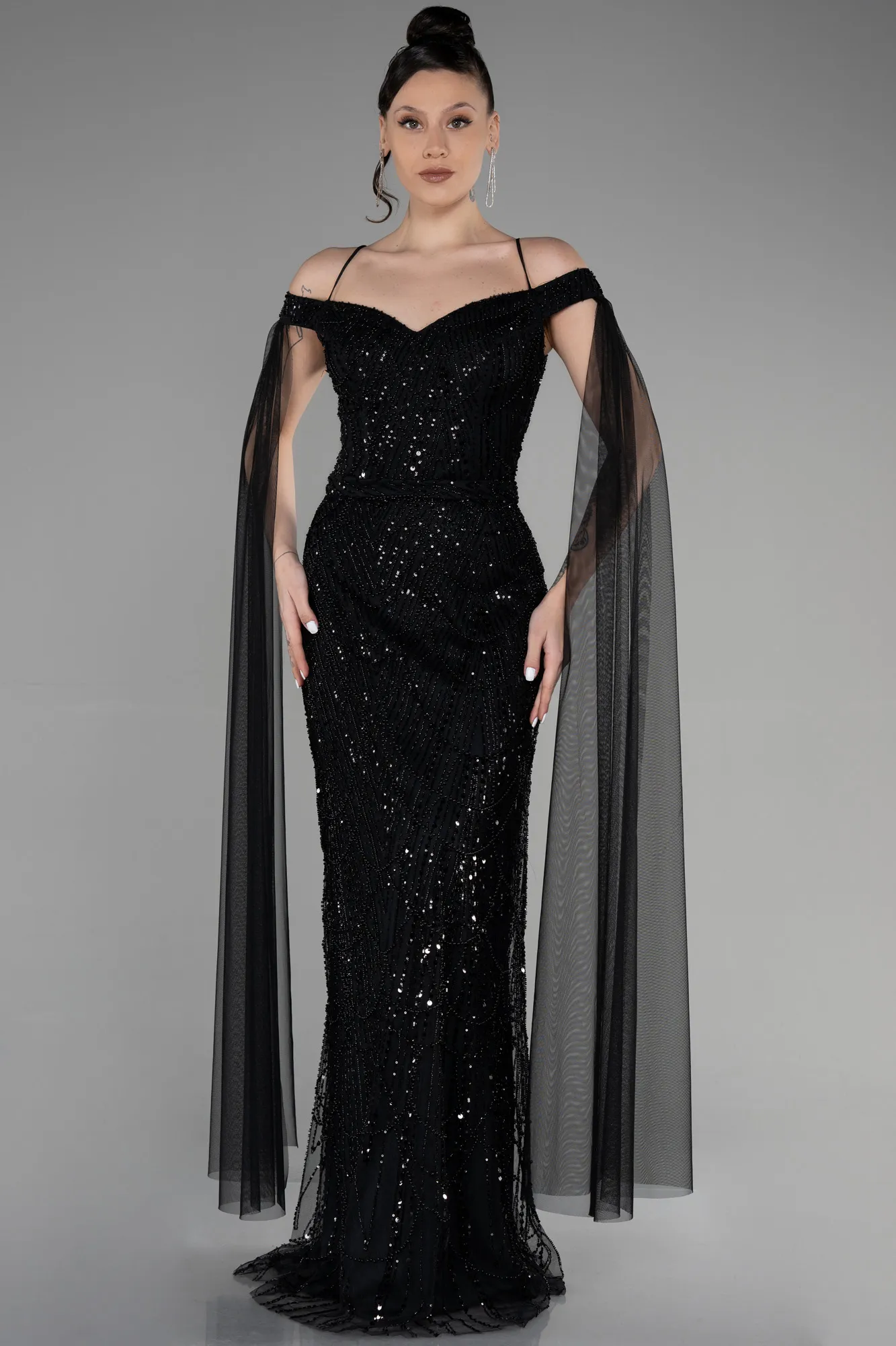Black-Long Stony Designer Evening Dress ABU3553