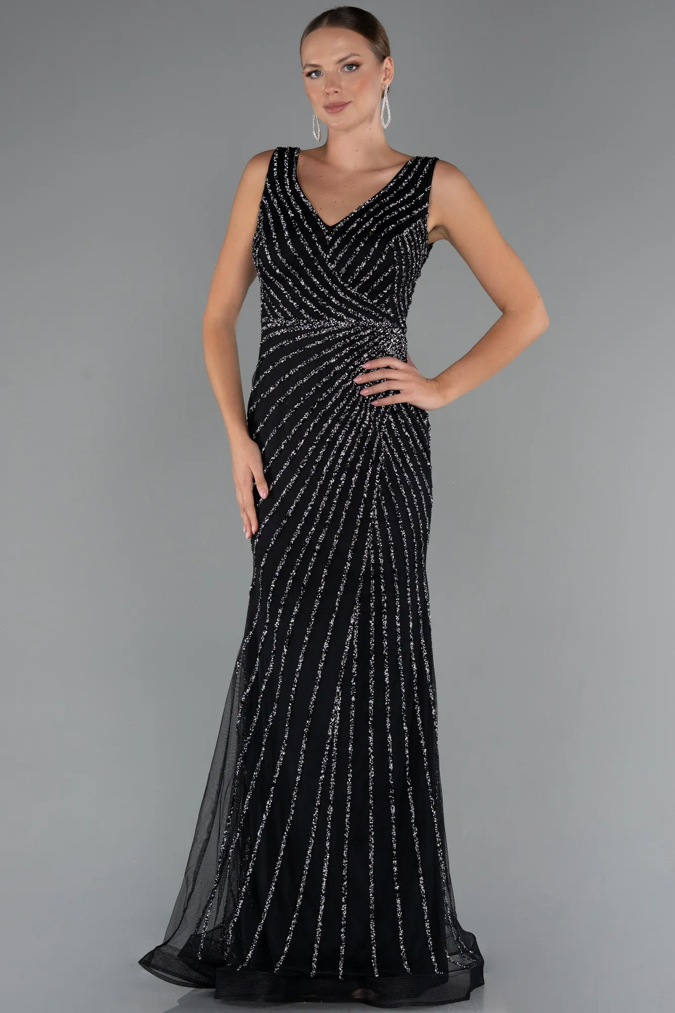 Black-Long Stony Evening Dress ABU5255