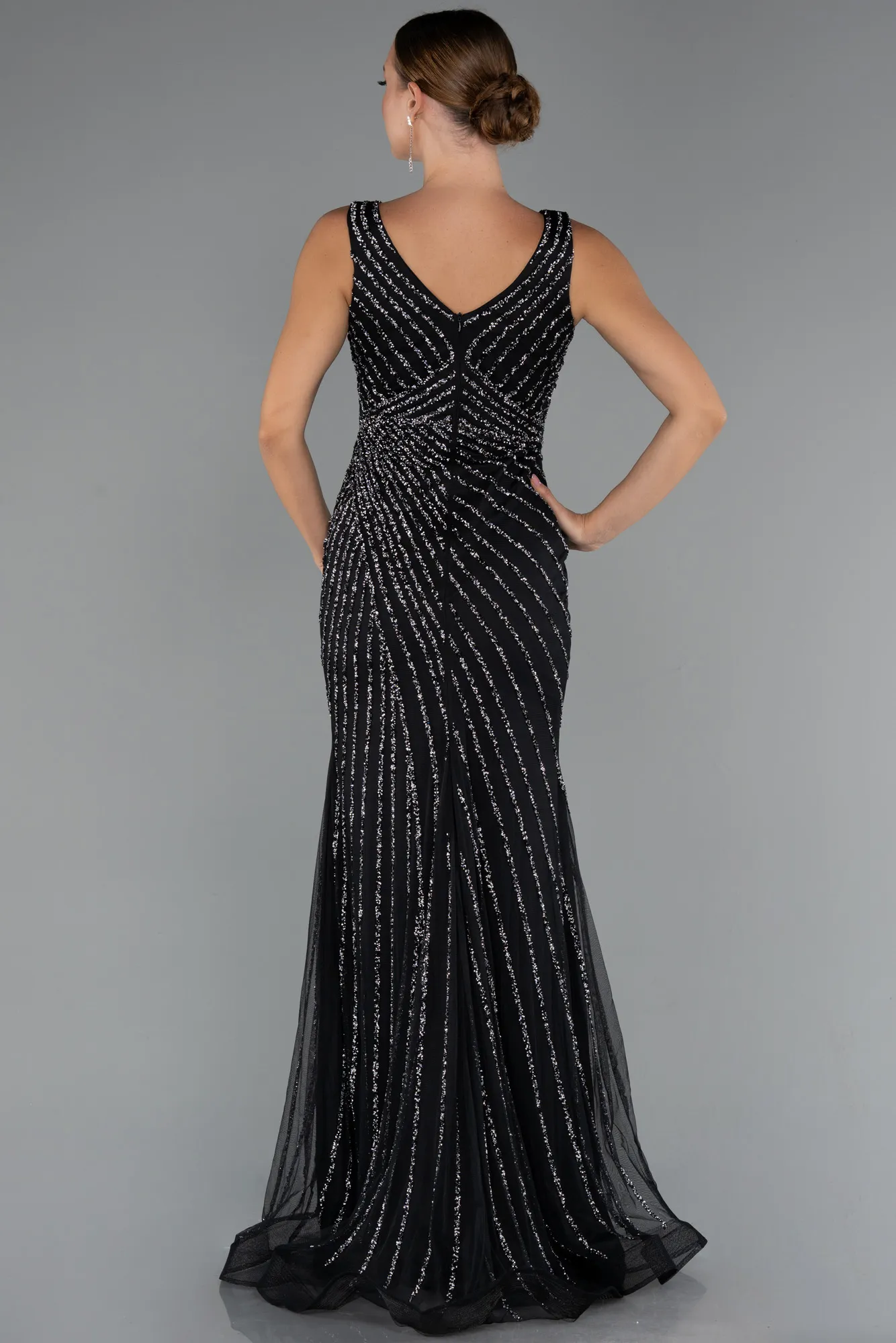 Black-Long Stony Evening Dress ABU5255