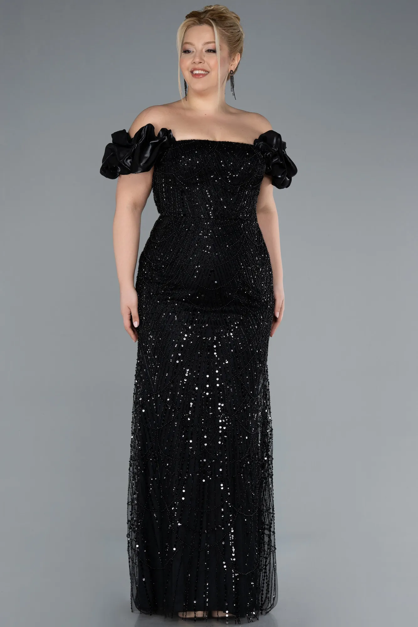 Black-Long Stony Plus Size Engagement Dress ABU4618