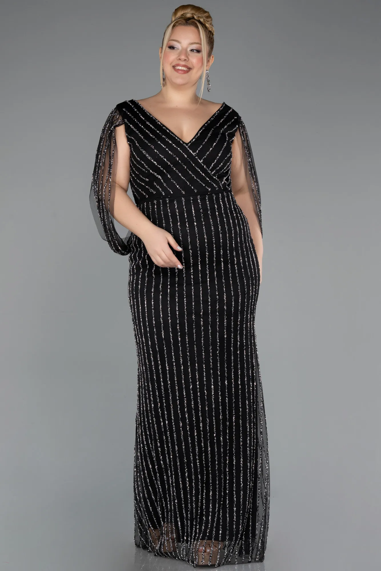 Black-Long Stony Plus Size Evening Dress ABU5478