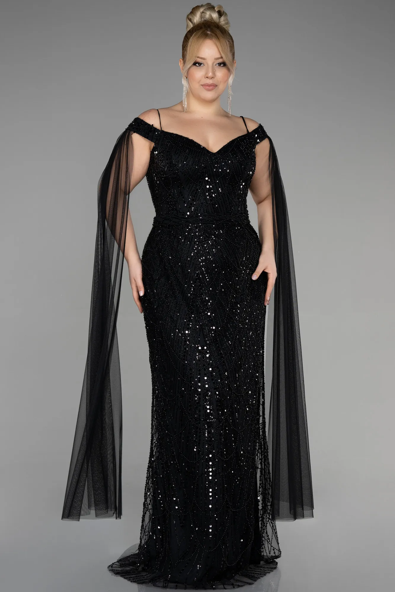 Black-Long Stony Plus Size Haute Couture Dress ABU3554