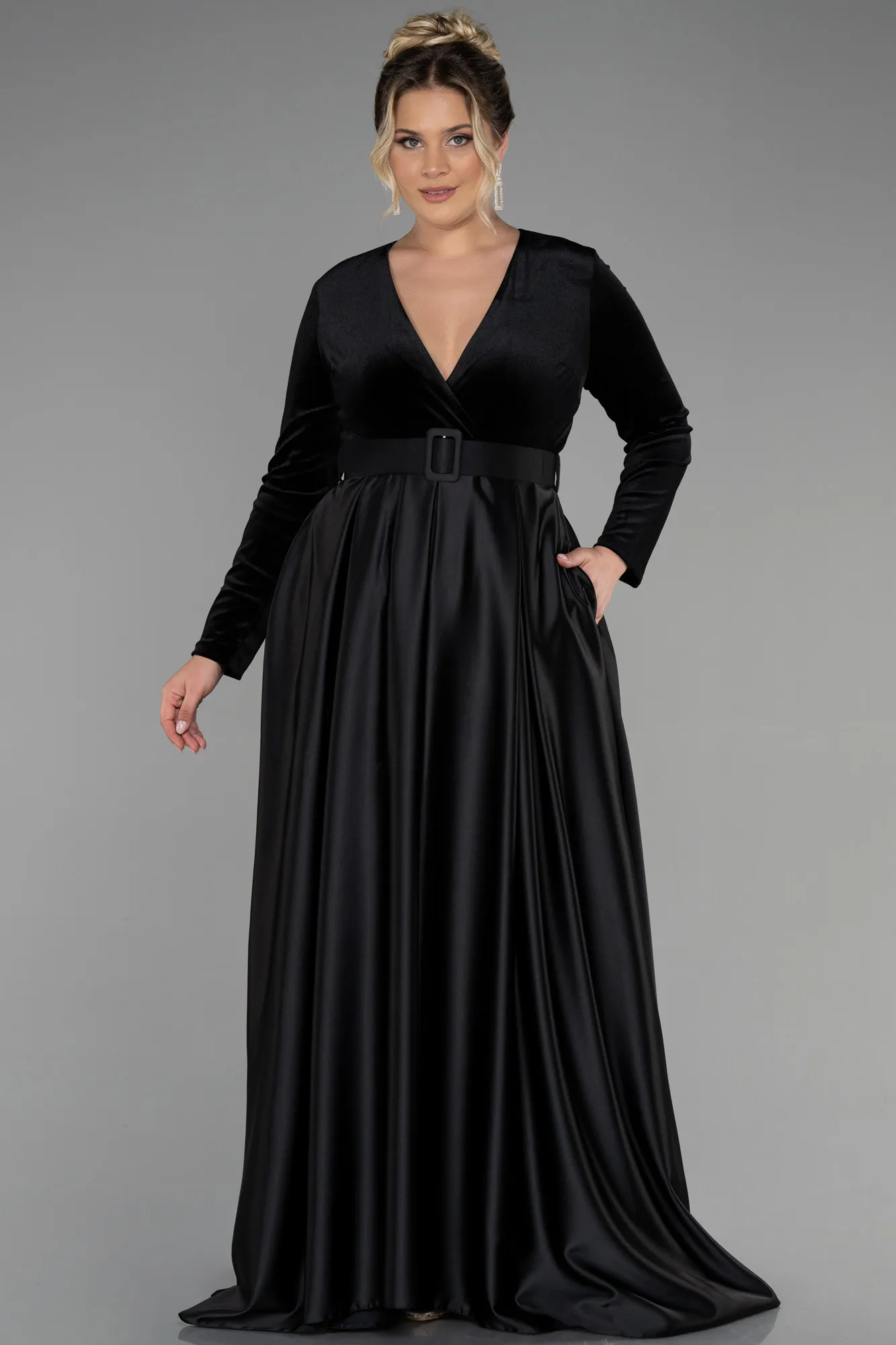 Black-Long Velvet Oversized Evening Dress ABU3389