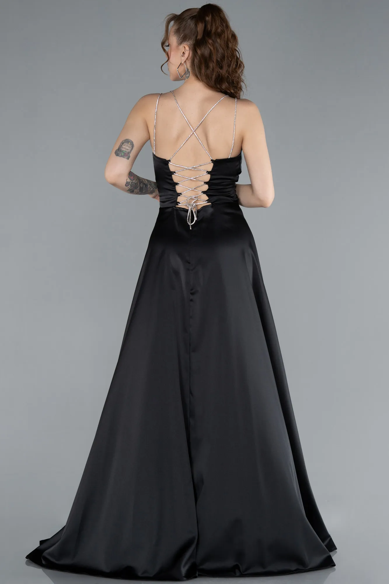 Black-Low Cut Back Long Satin Prom Dress ABU4702