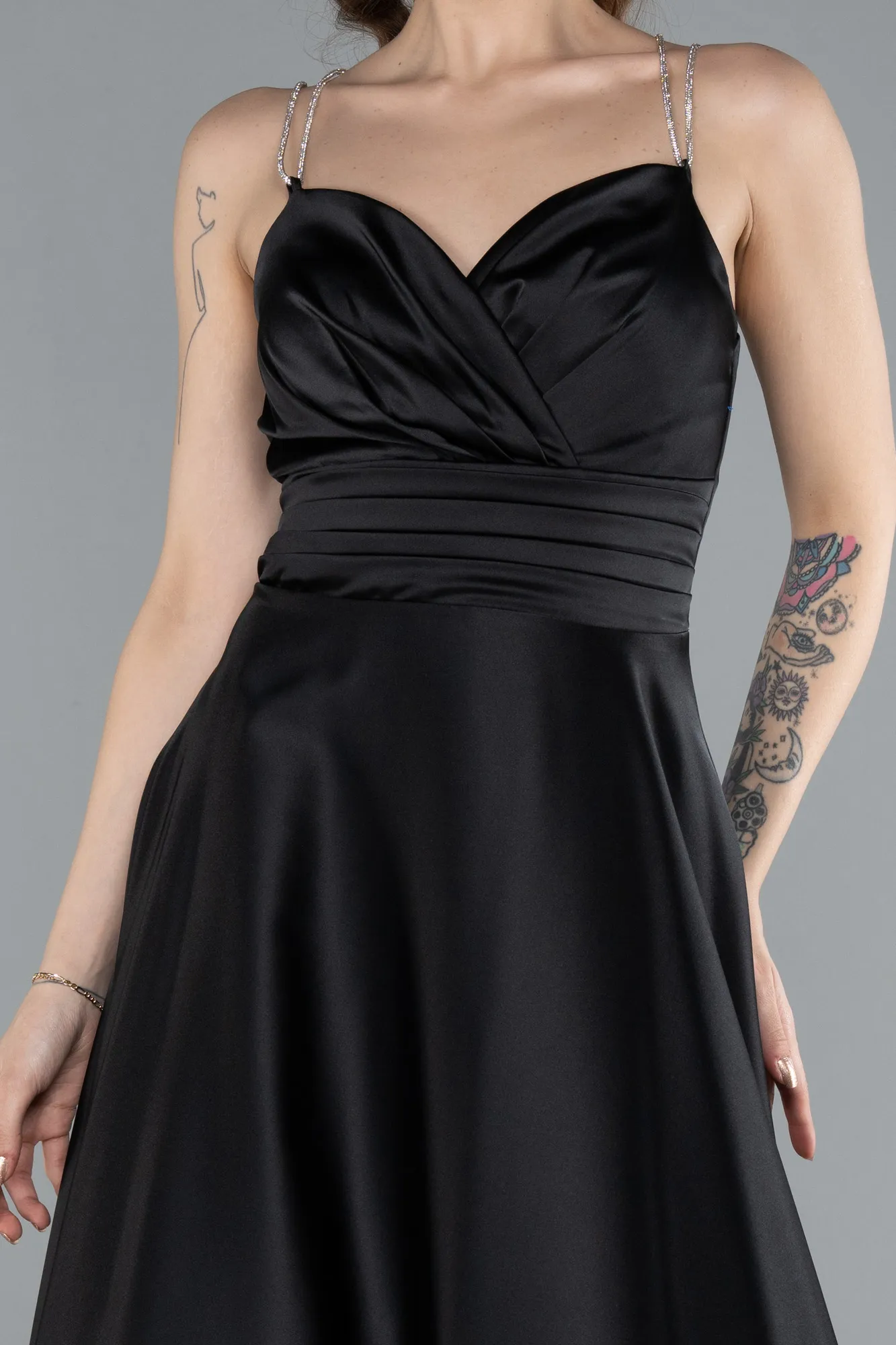 Black-Low Cut Back Long Satin Prom Dress ABU4702