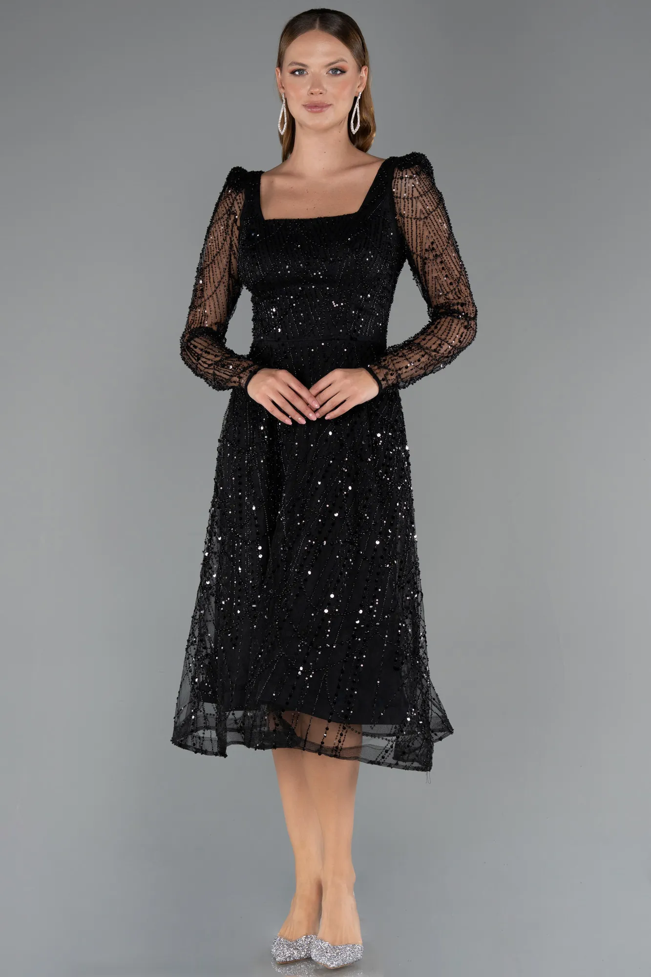 Black-Midi Beaded Cocktail Dress ABK2469