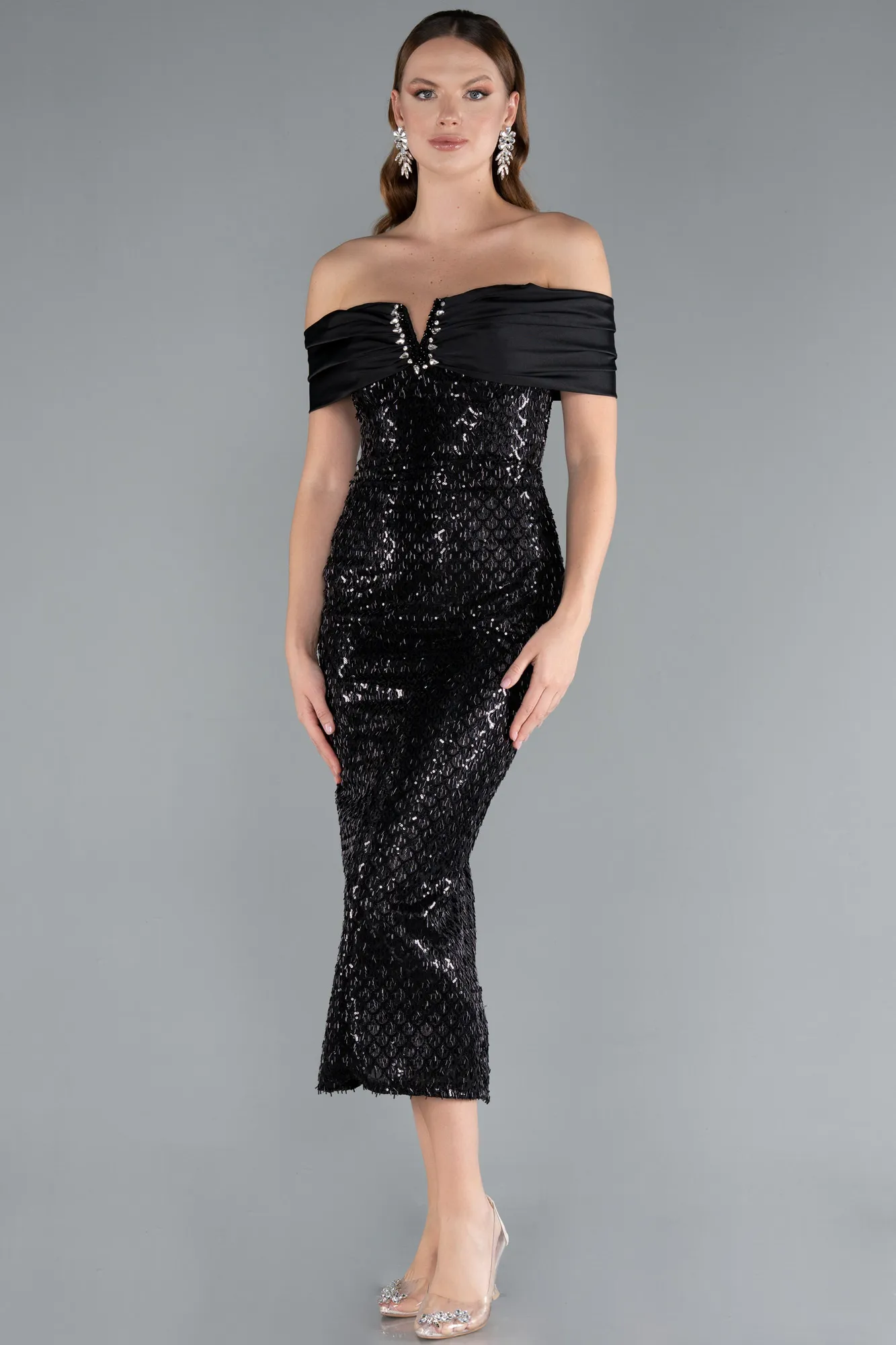 Black-Midi Beaded Party Dress ABK2336