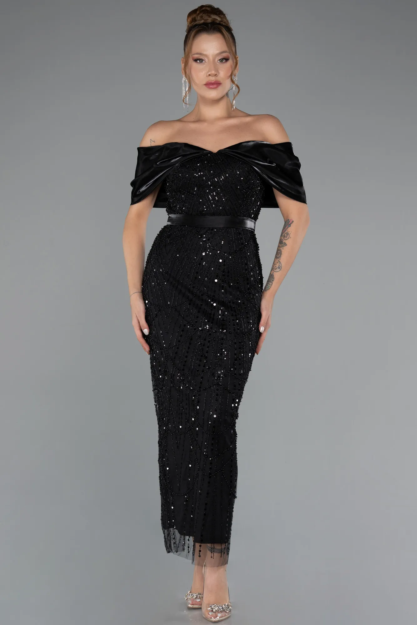 Black-Midi Beaded Party Dress ABK2453