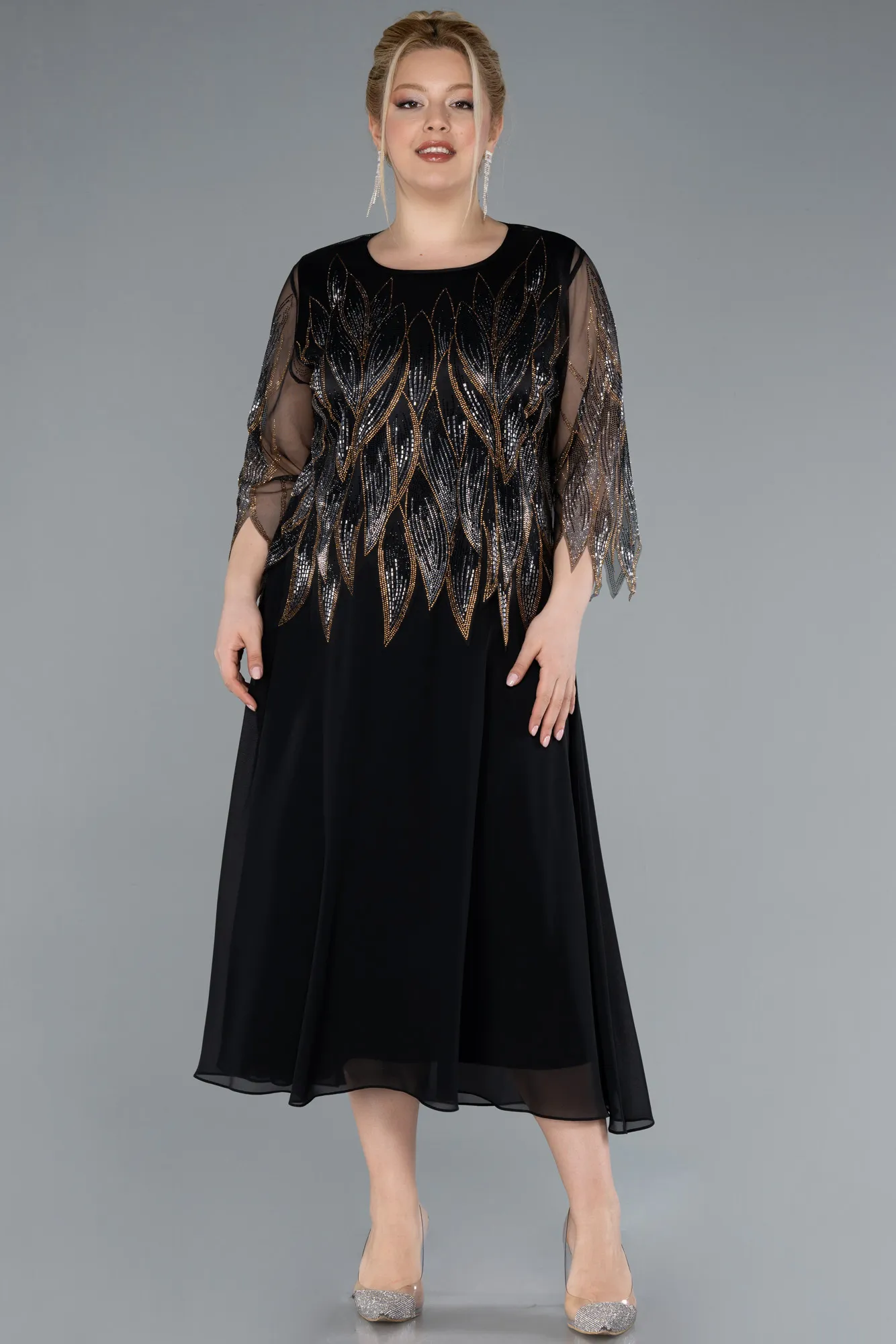 Black-Midi Chiffon Formal Plus Size Dress ABK2243