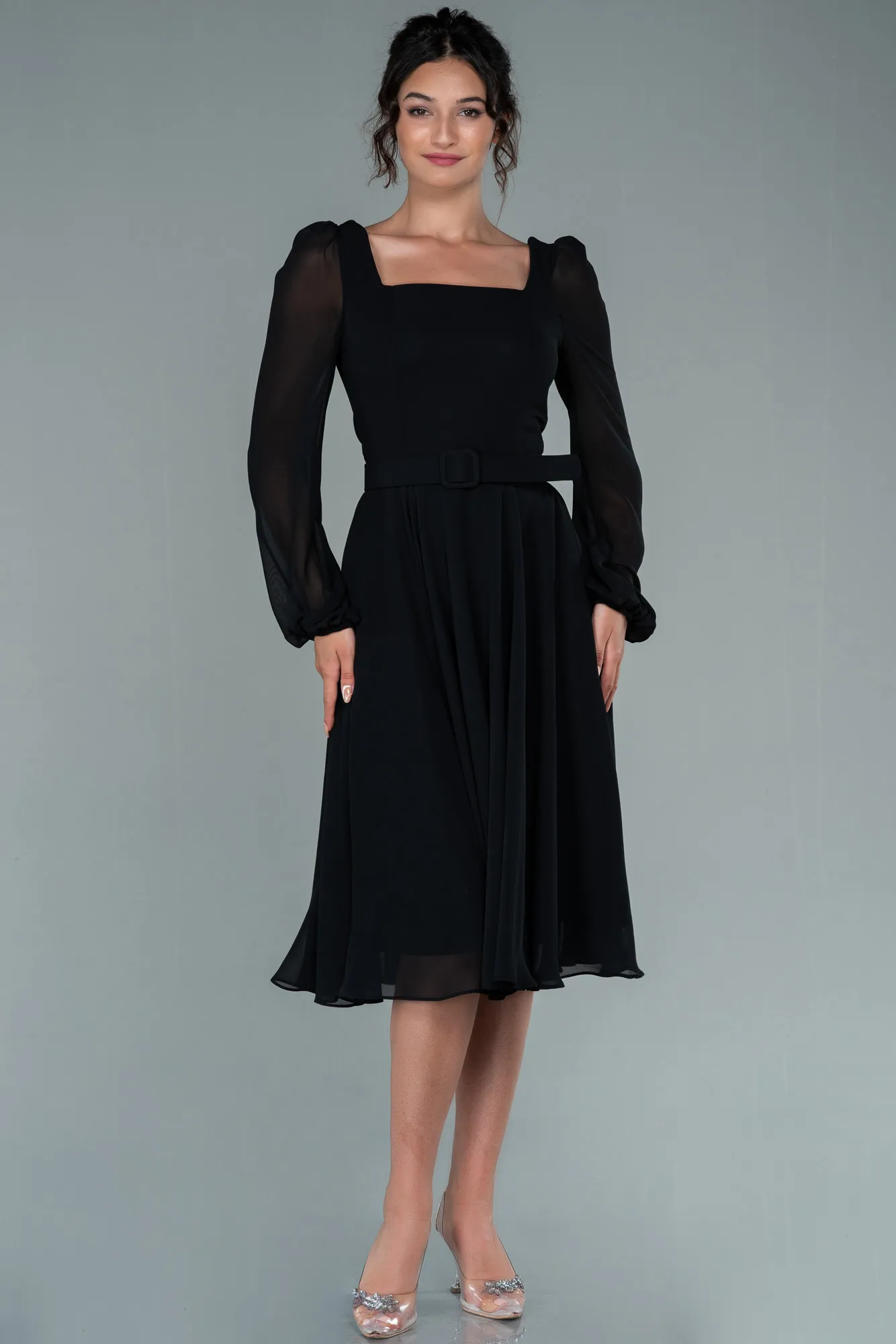 Black-Midi Chiffon Invitation Dress ABK1441