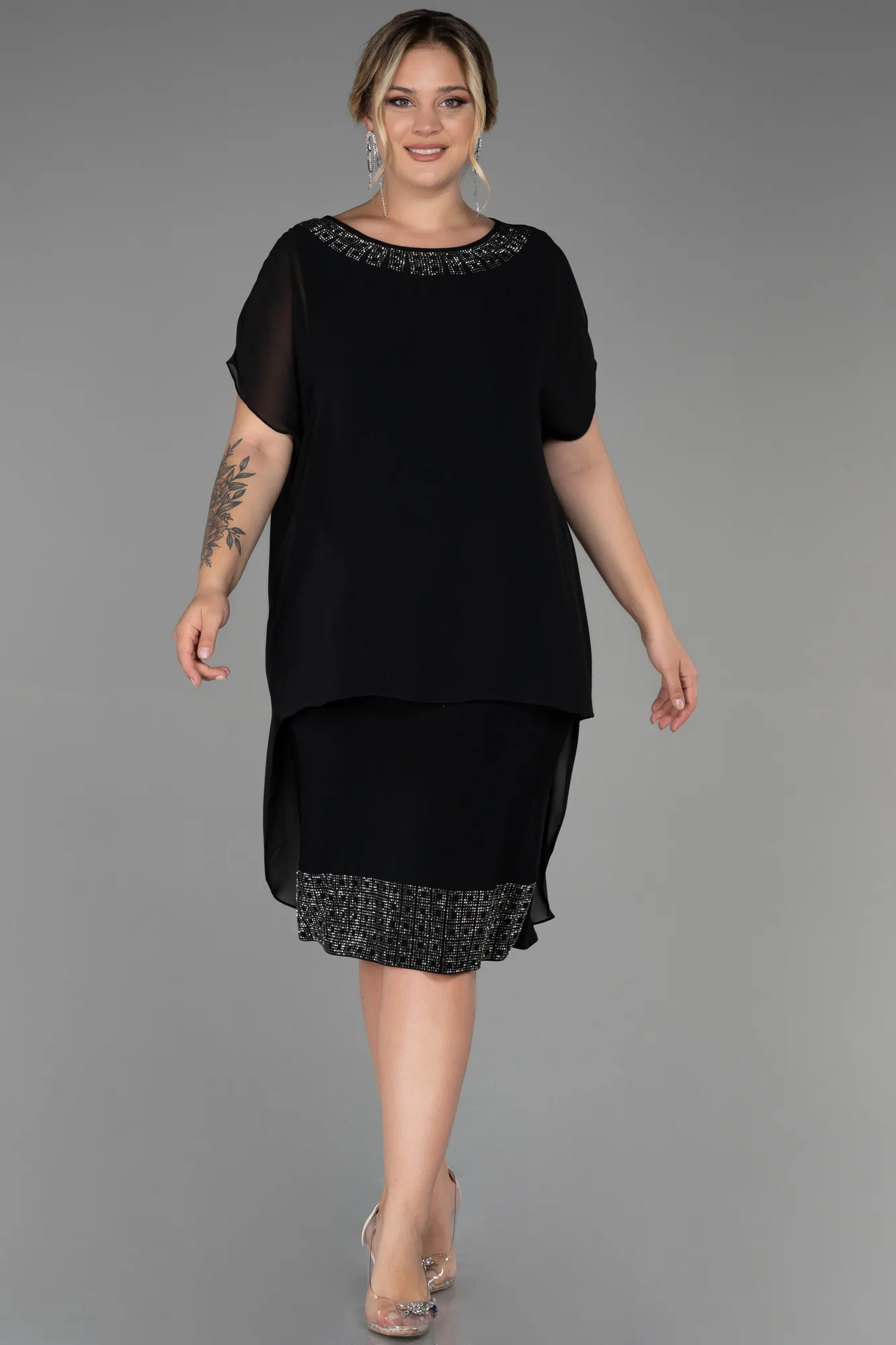 Black-Midi Chiffon Oversized Evening Dress ABK1853