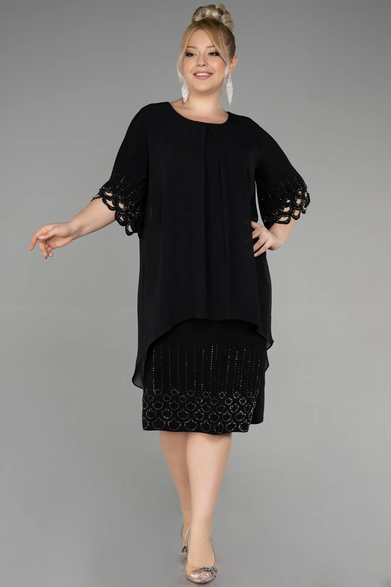 Black-Midi Chiffon Plus Size Cocktail Dress ABK1943