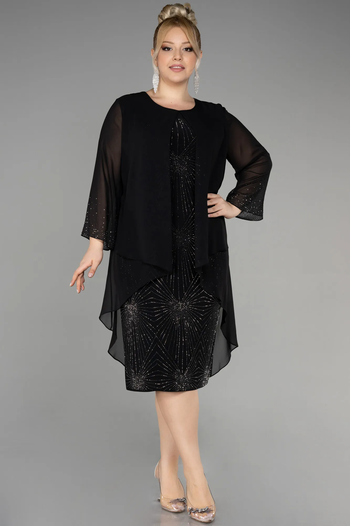 Black-Midi Chiffon Plus Size Cocktail Dress ABK1955