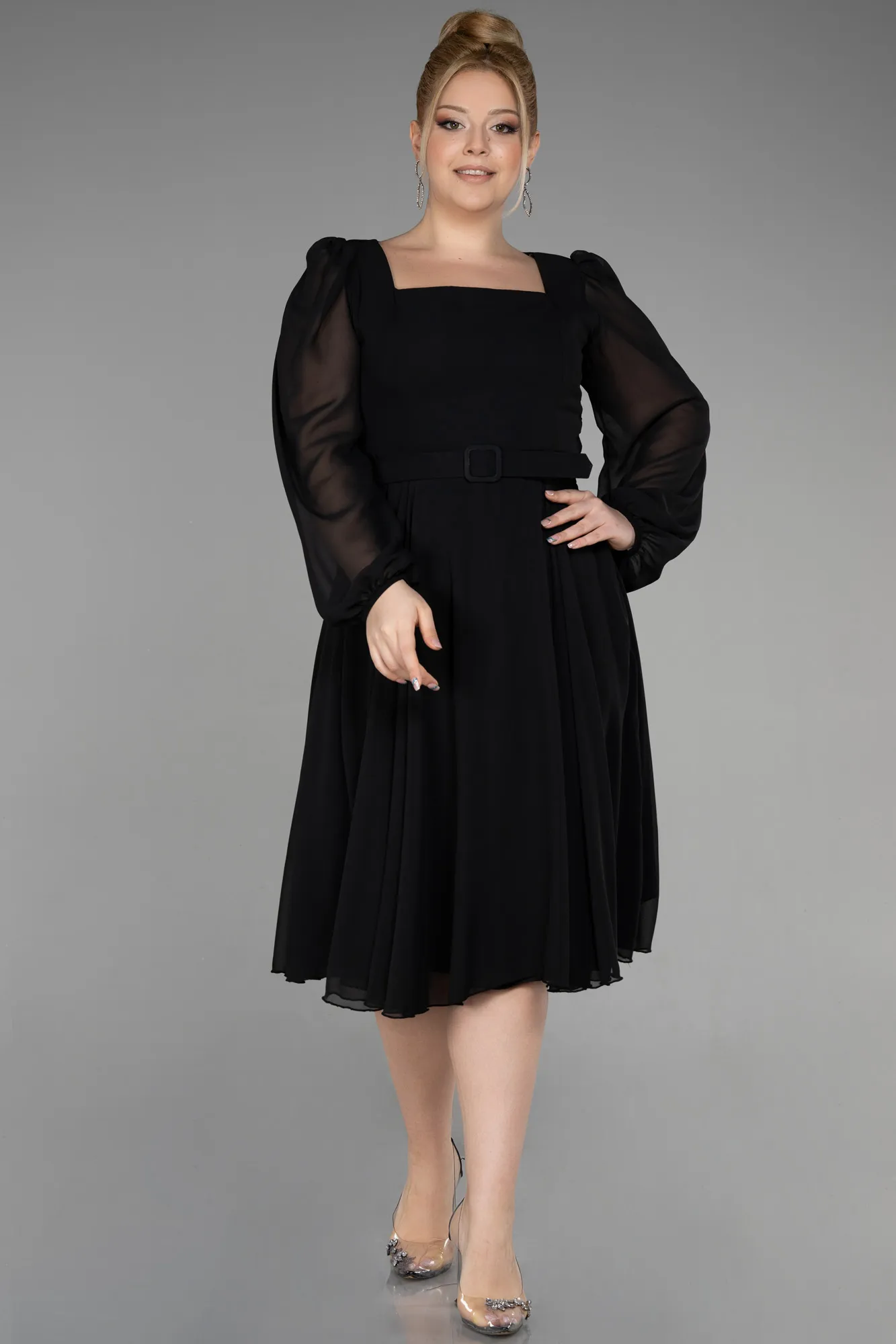 Black-Midi Chiffon Plus Size Cocktail Dress ABK1970