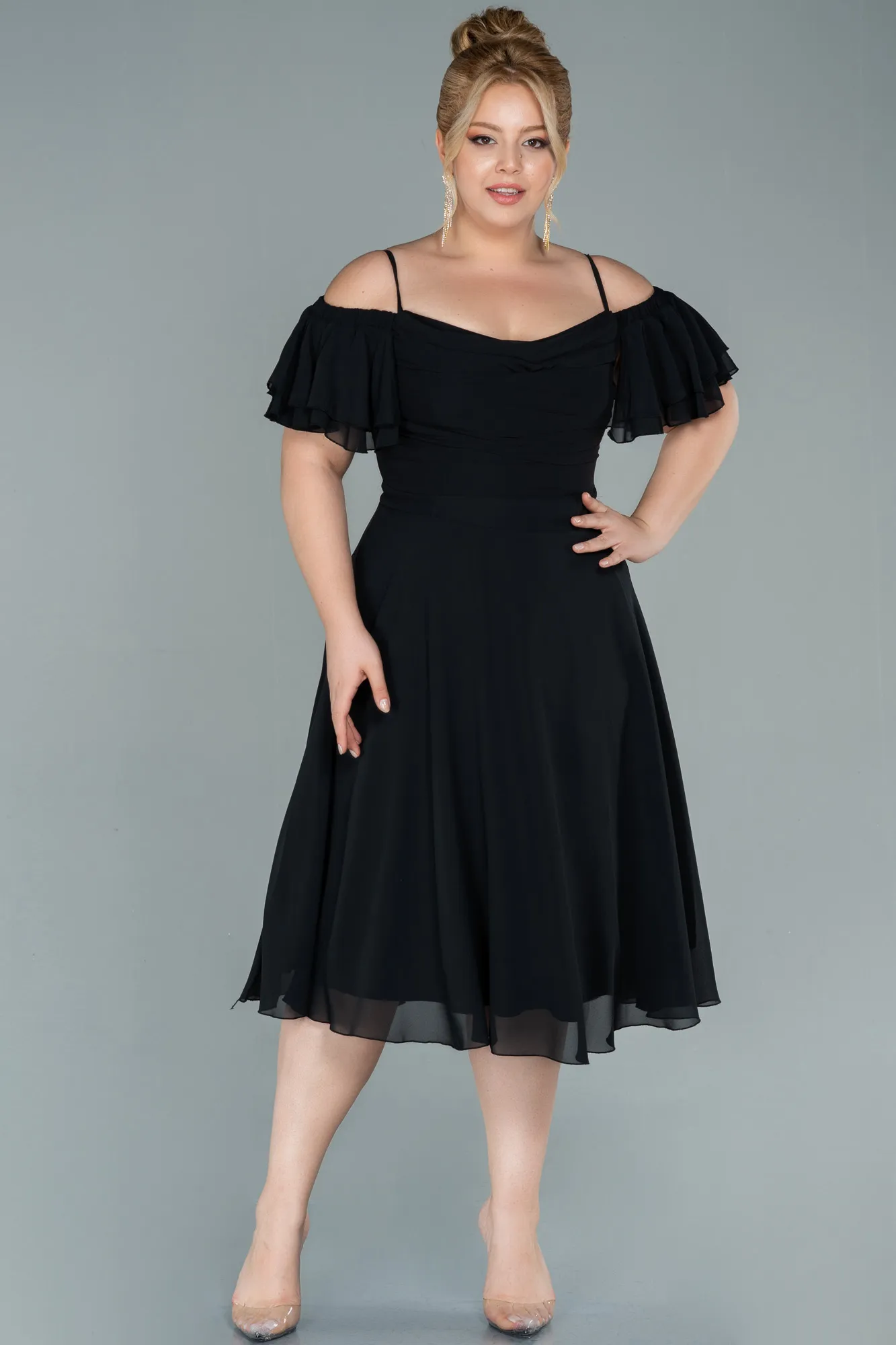 Black-Midi Chiffon Plus Size Evening Dress ABK1475