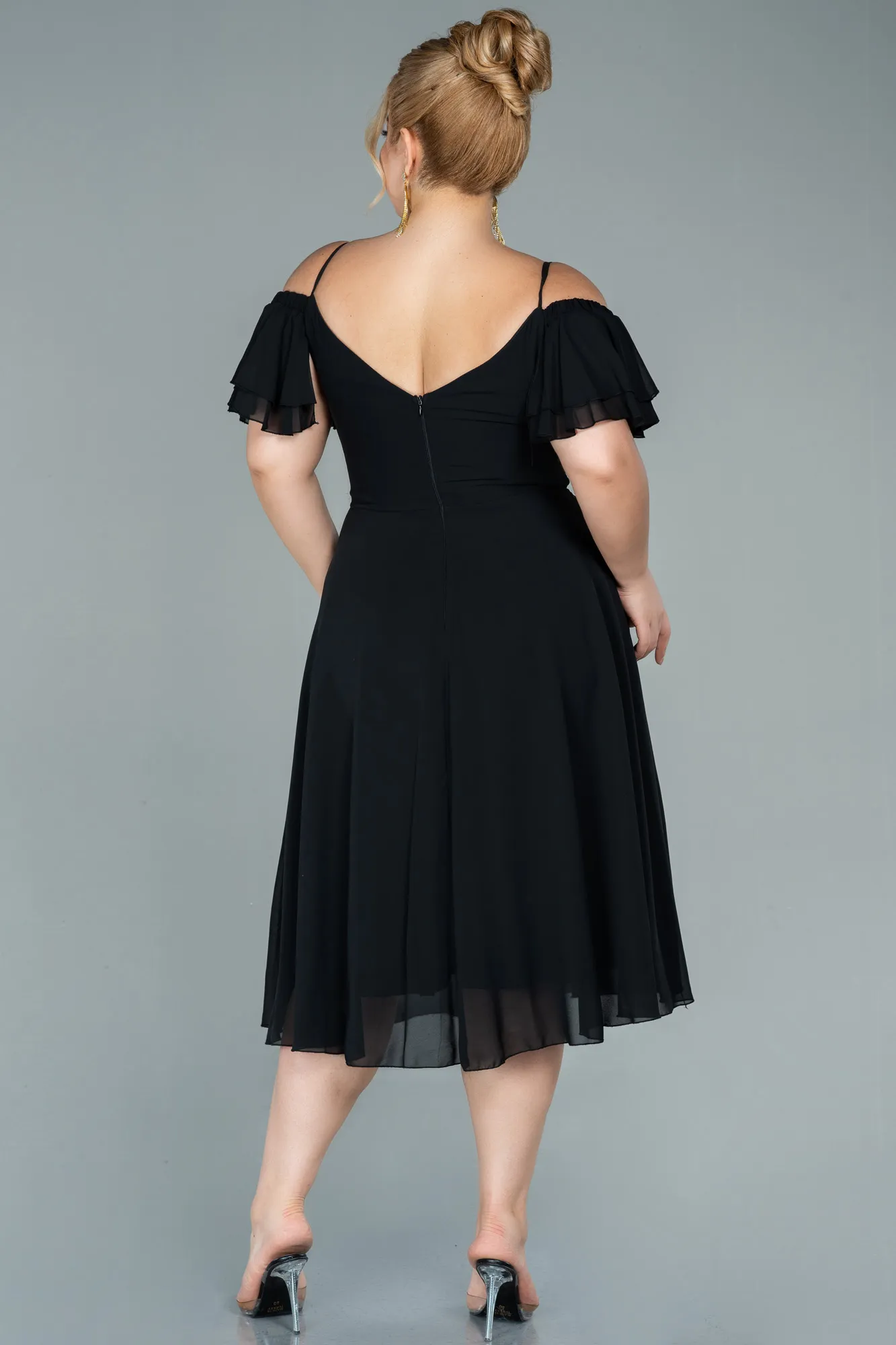 Black-Midi Chiffon Plus Size Evening Dress ABK1475