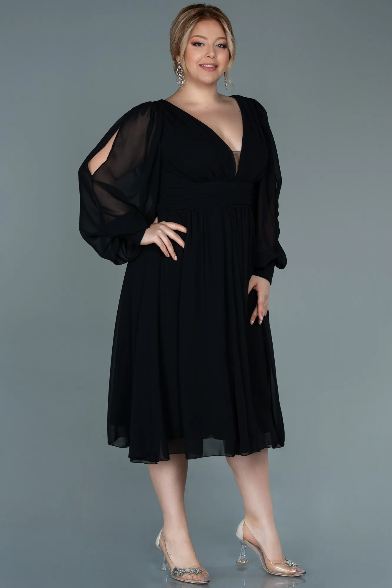 Black-Midi Chiffon Plus Size Evening Dress ABK1565