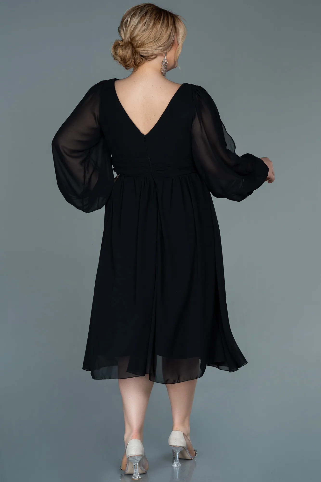 Black-Midi Chiffon Plus Size Evening Dress ABK1565
