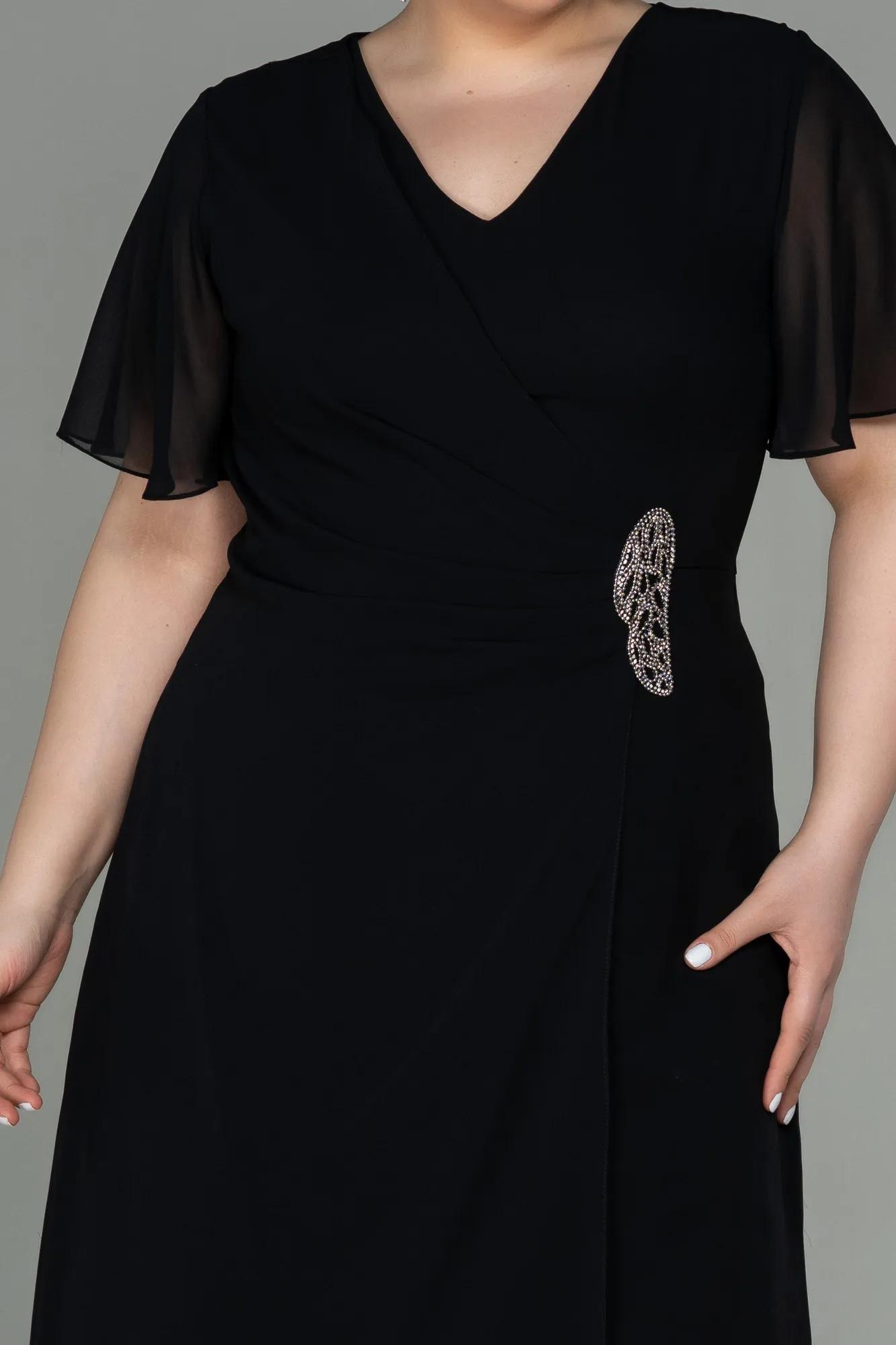 Black-Midi Chiffon Plus Size Evening Dress ABK1660