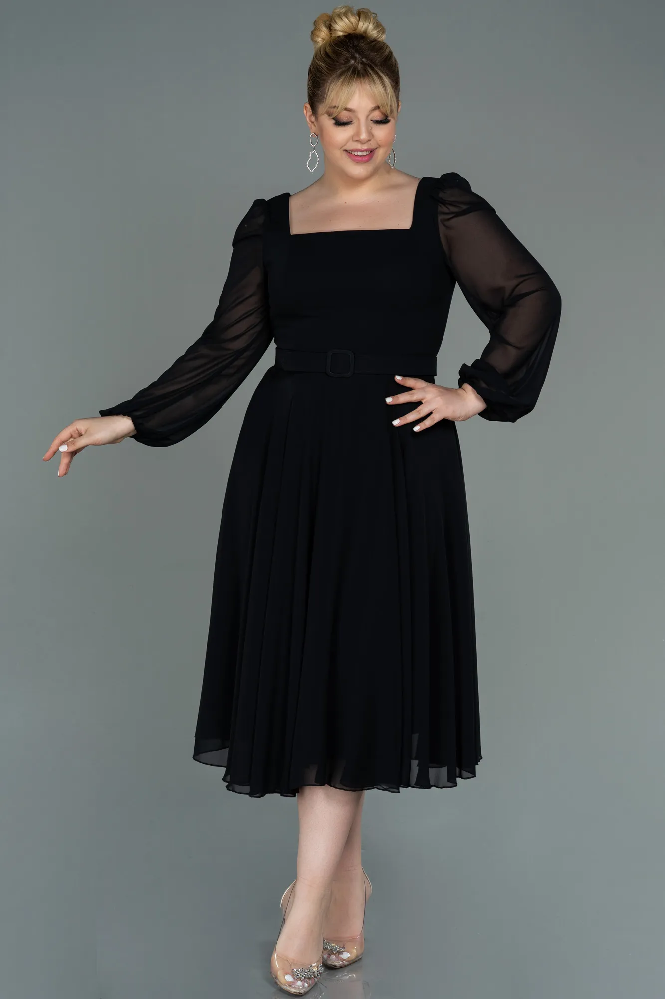 Black-Midi Chiffon Plus Size Evening Dress ABK1753