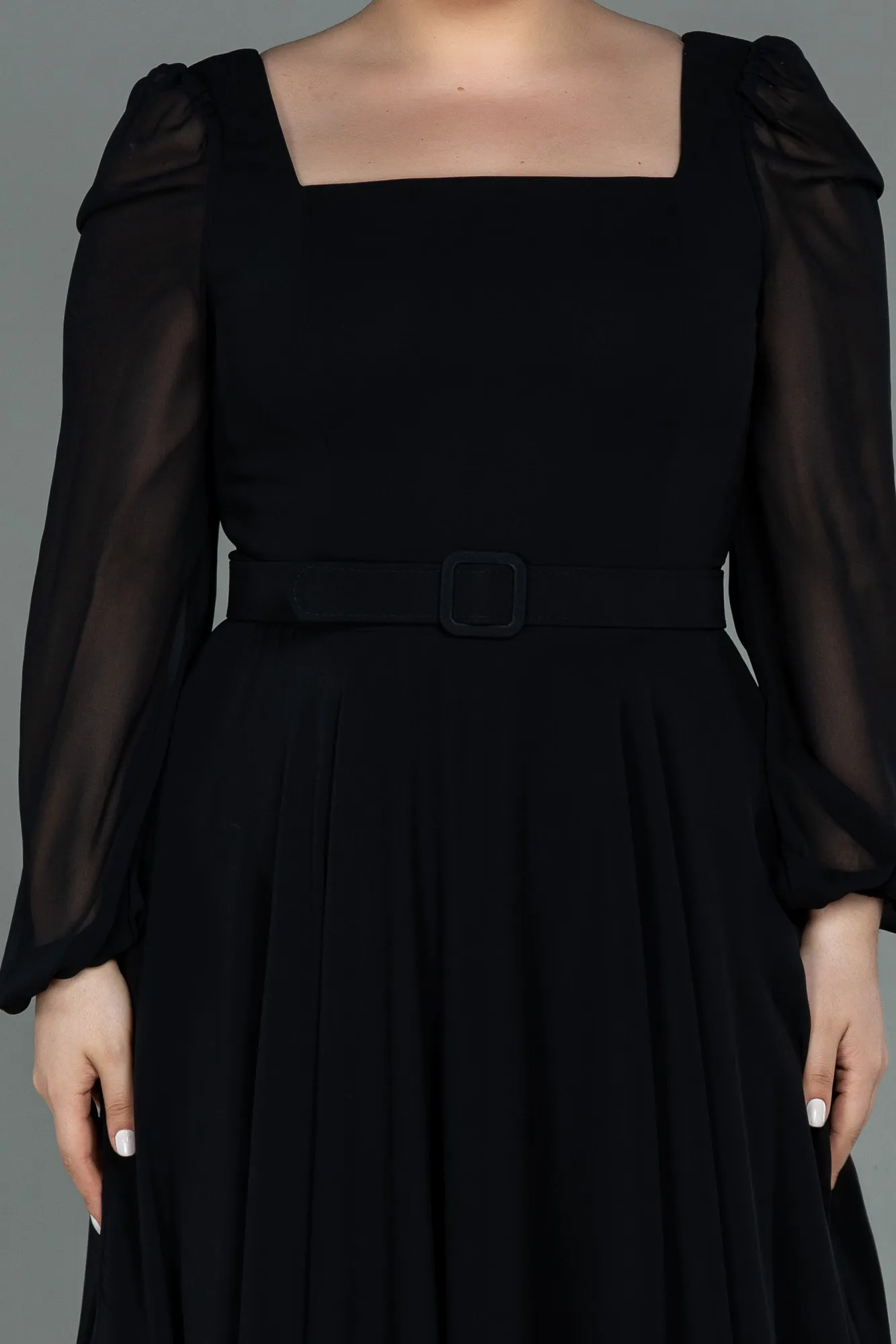 Black-Midi Chiffon Plus Size Evening Dress ABK1753