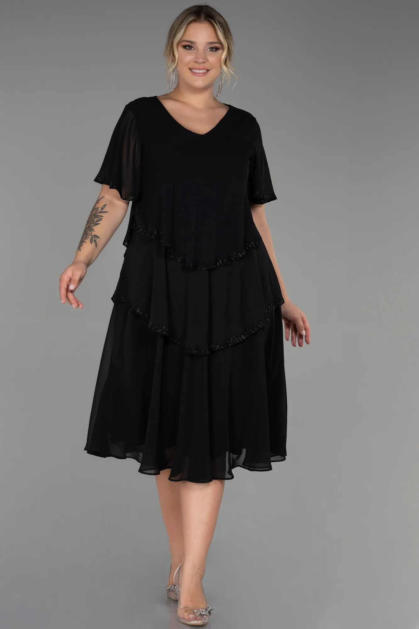 Black-Midi Chiffon Plus Size Evening Dress ABK1825