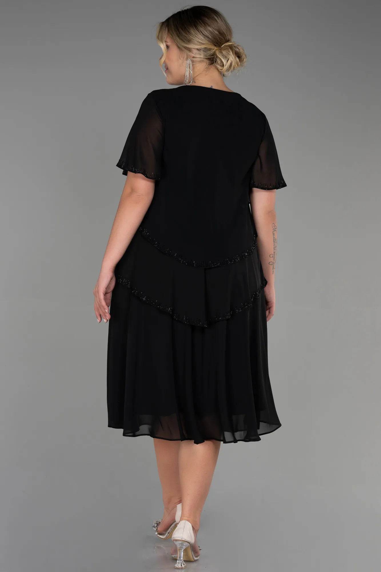Black-Midi Chiffon Plus Size Evening Dress ABK1825