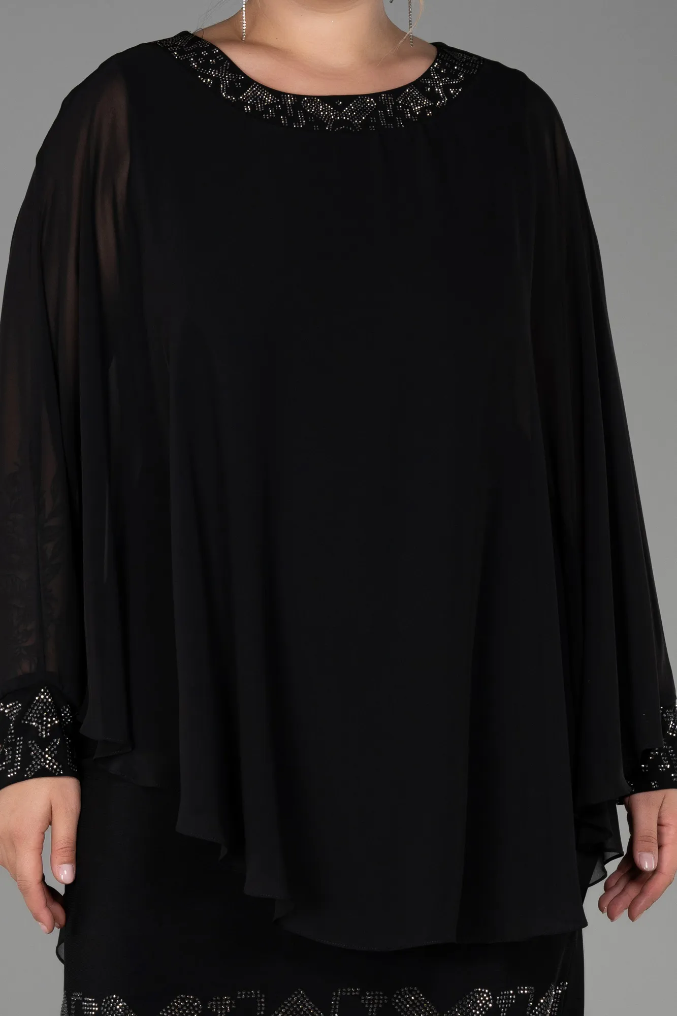 Black-Midi Chiffon Plus Size Evening Dress ABK1854