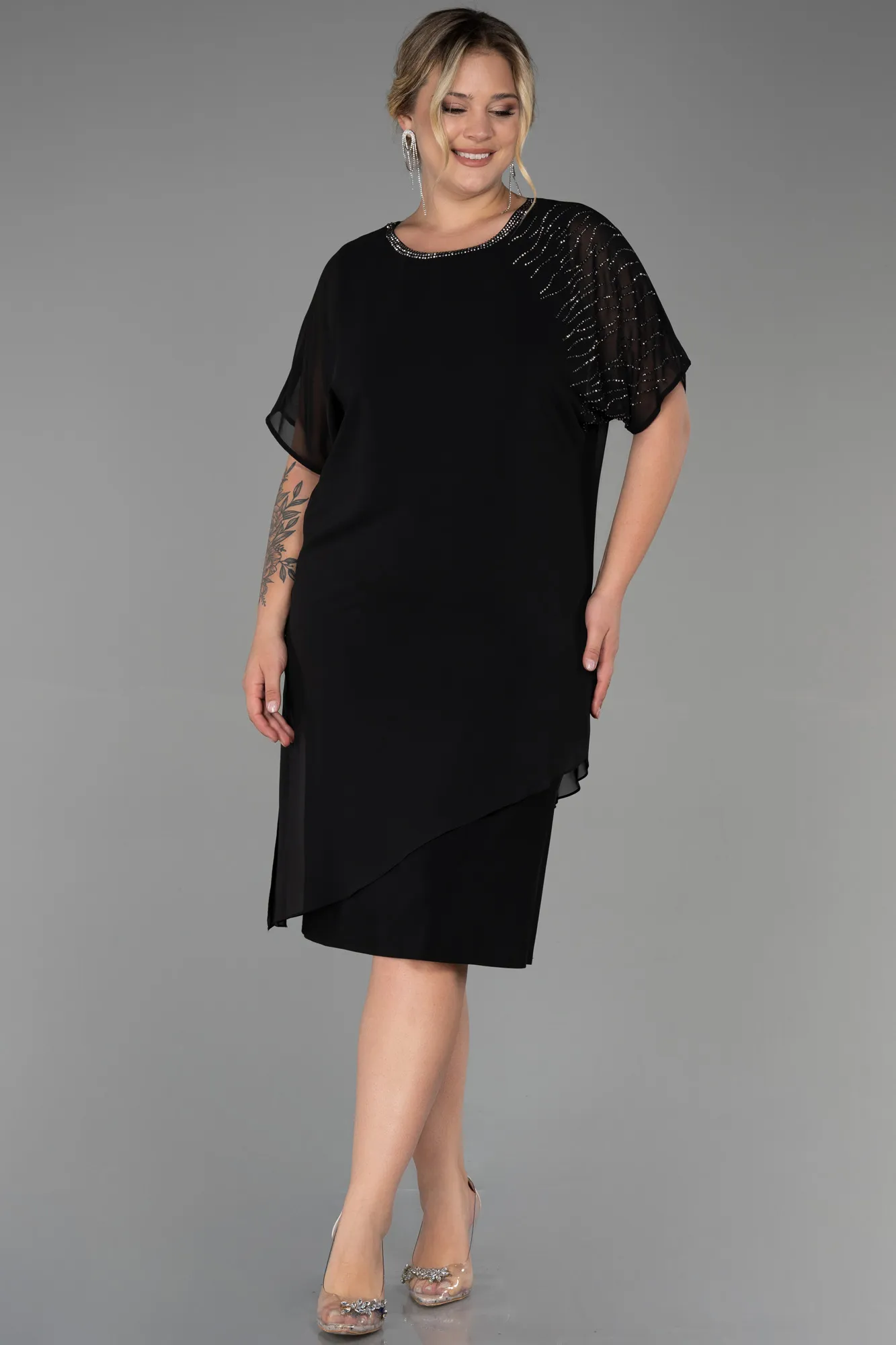 Black-Midi Chiffon Plus Size Evening Dress ABK1856