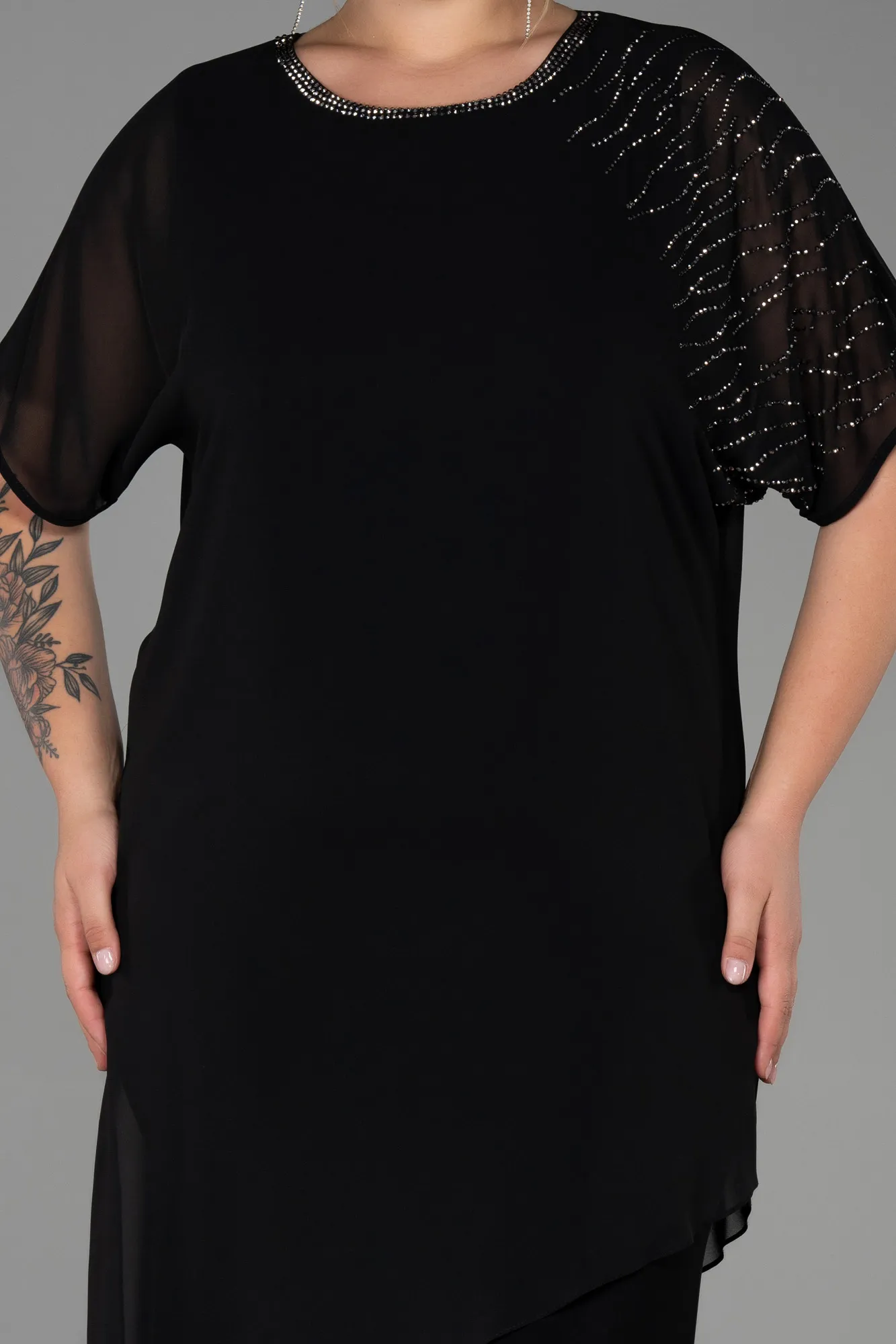 Black-Midi Chiffon Plus Size Evening Dress ABK1856