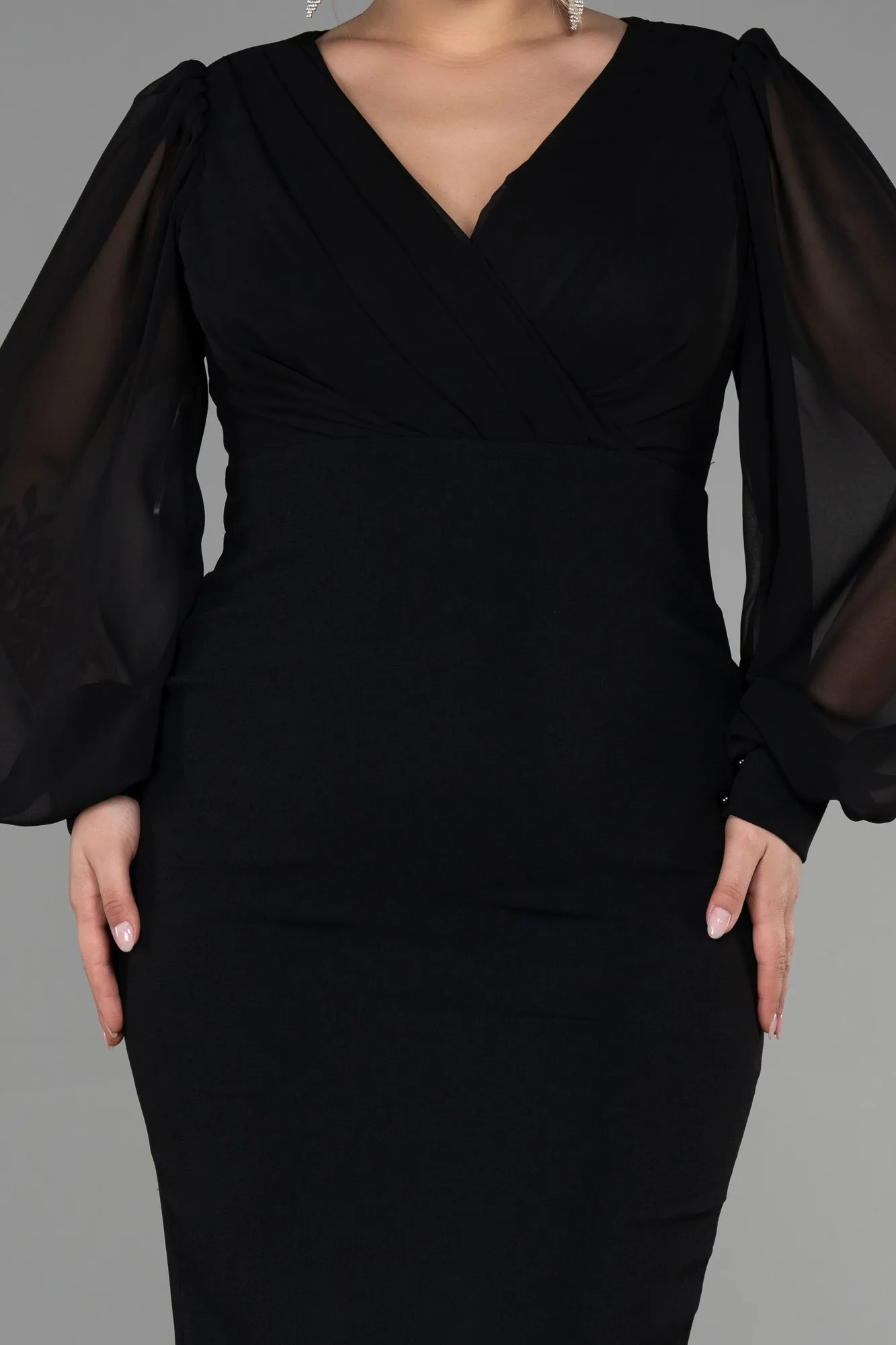 Black-Midi Chiffon Plus Size Evening Dress ABK1885