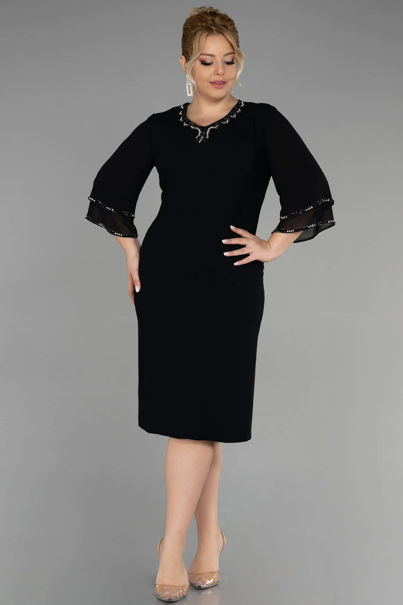 Black-Midi Chiffon Plus Size Evening Dress ABK1907