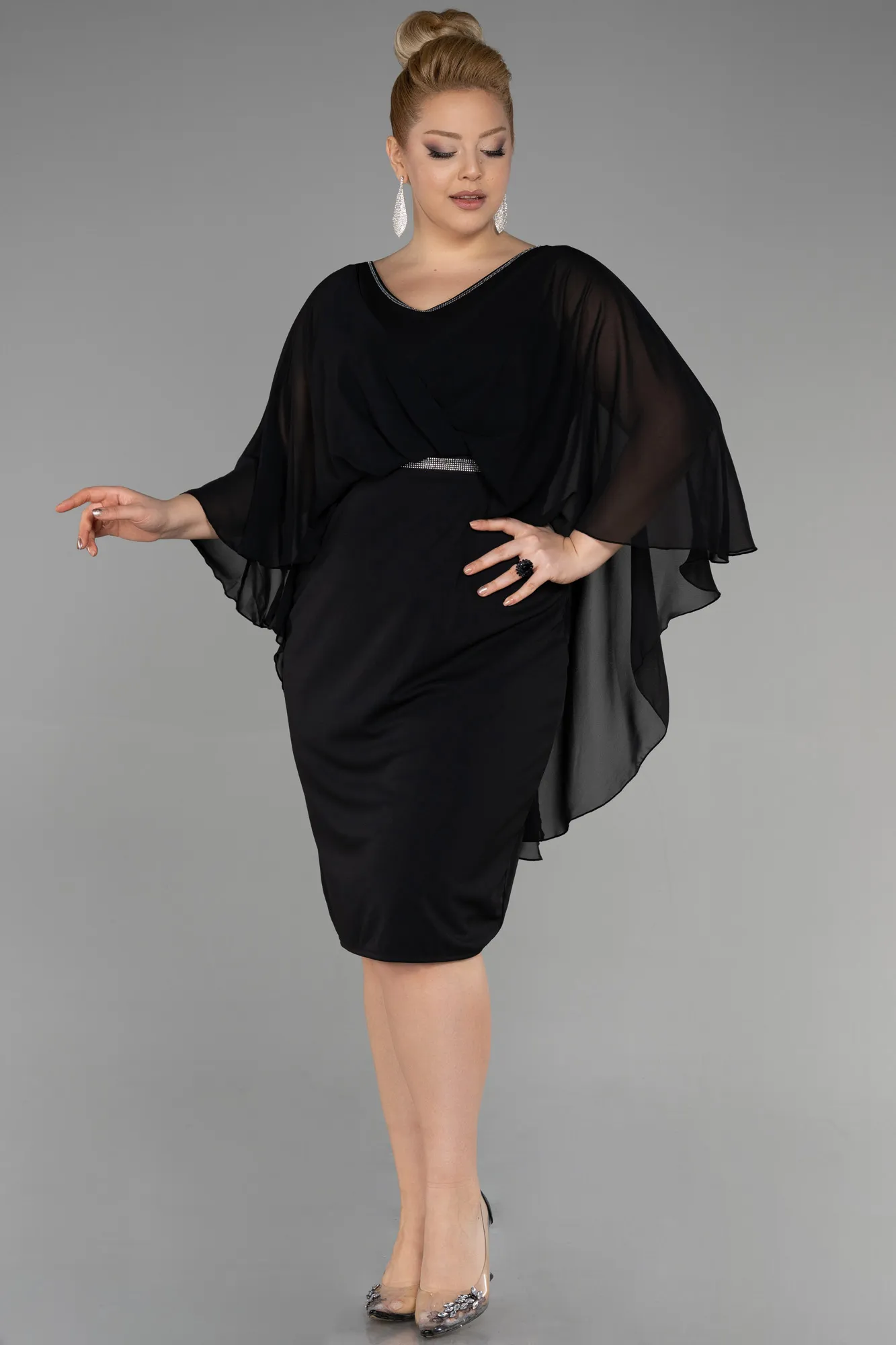 Black-Midi Chiffon Plus Size Evening Dress ABK1924