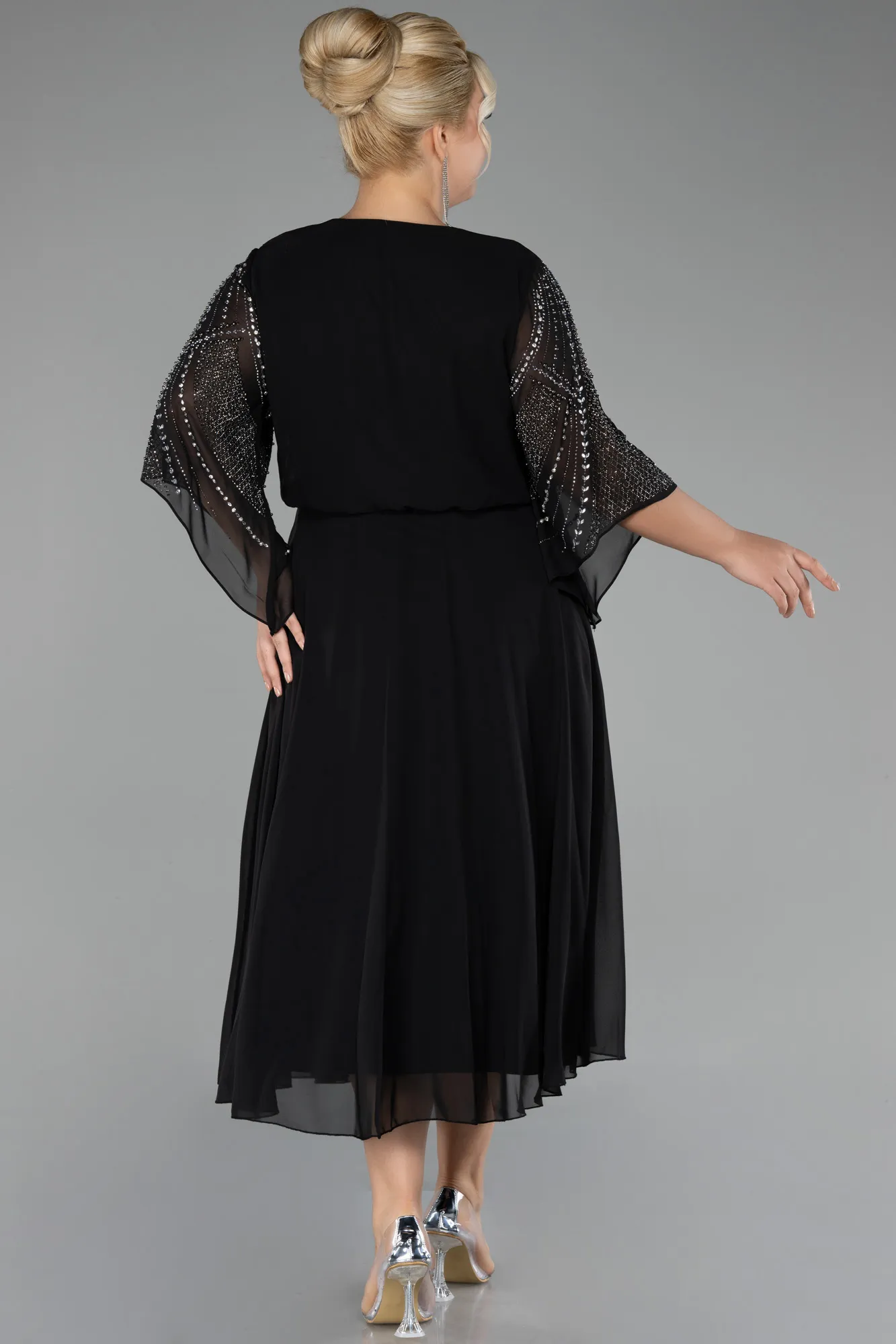 Black-Midi Chiffon Plus Size Evening Dress ABK2144