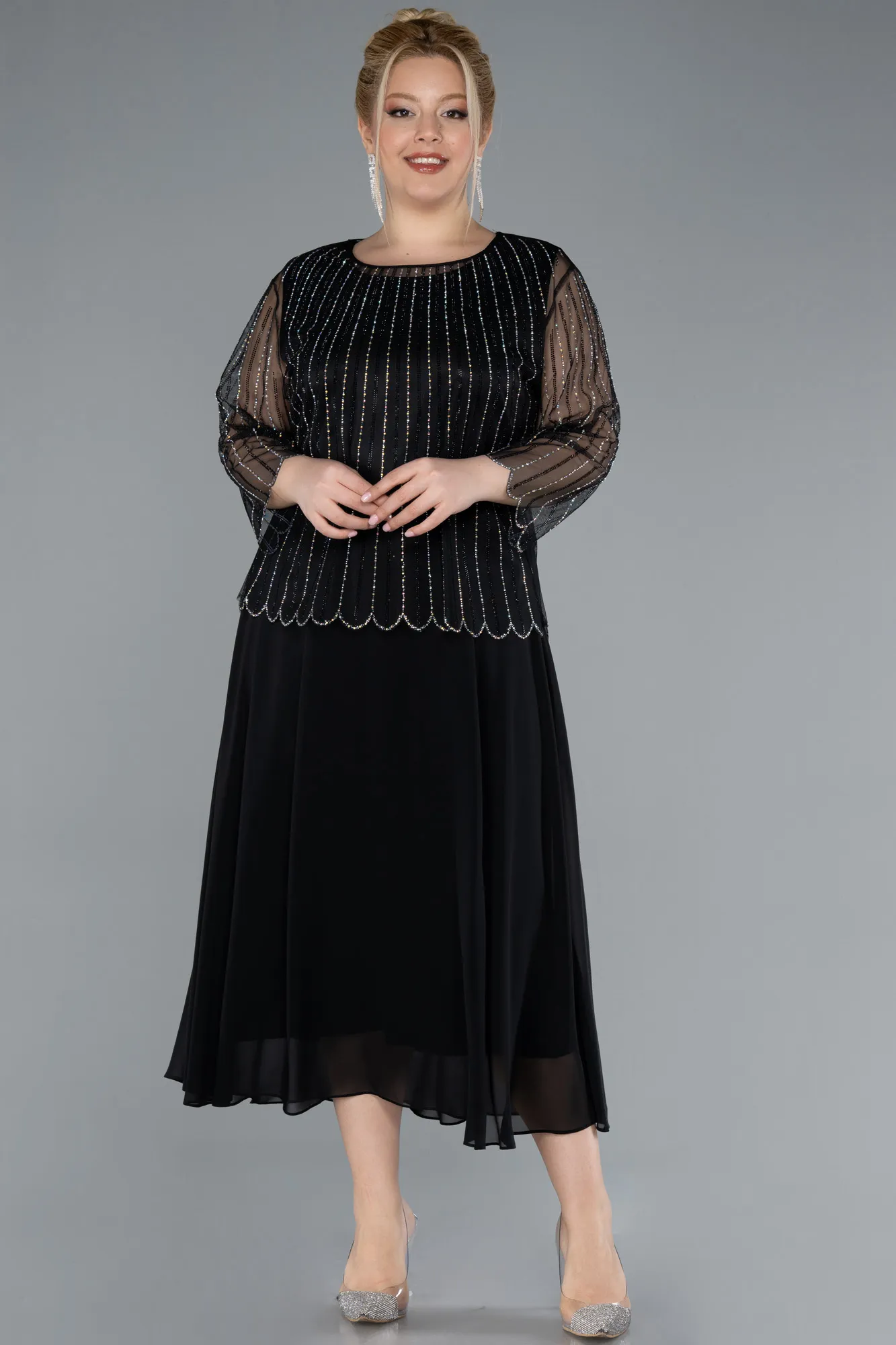 Black-Midi Chiffon Plus Size Evening Dress ABK2244