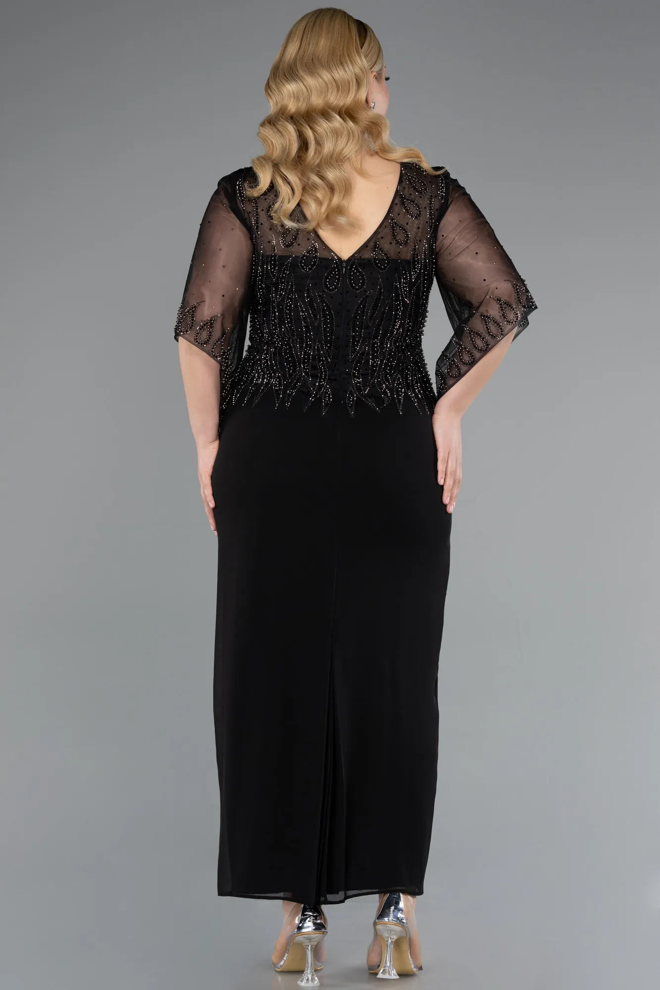 Black-Midi Chiffon Plus Size Evening Dress ABK2333