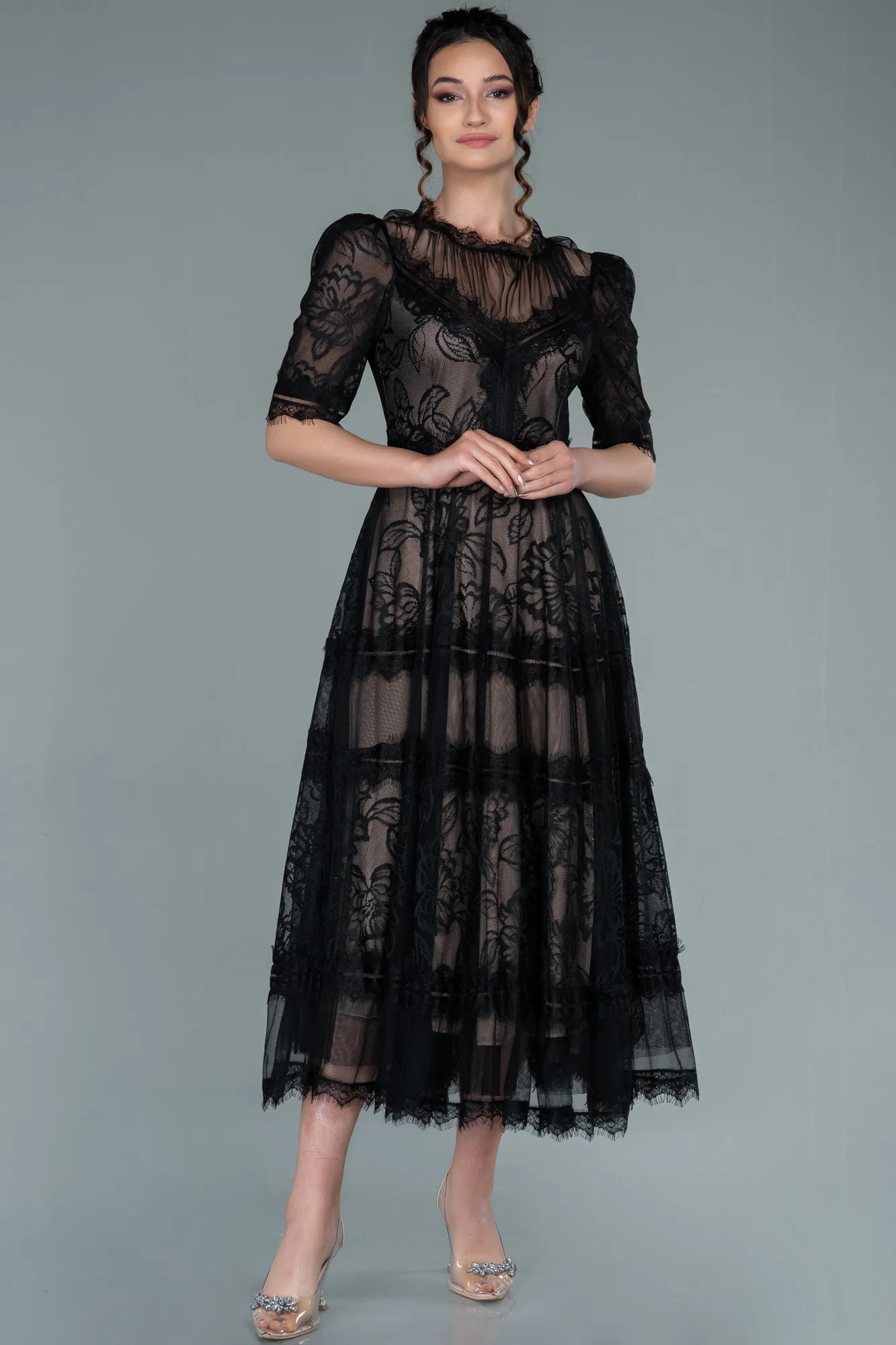 Black-Midi Dantelle Night Dress ABK1388