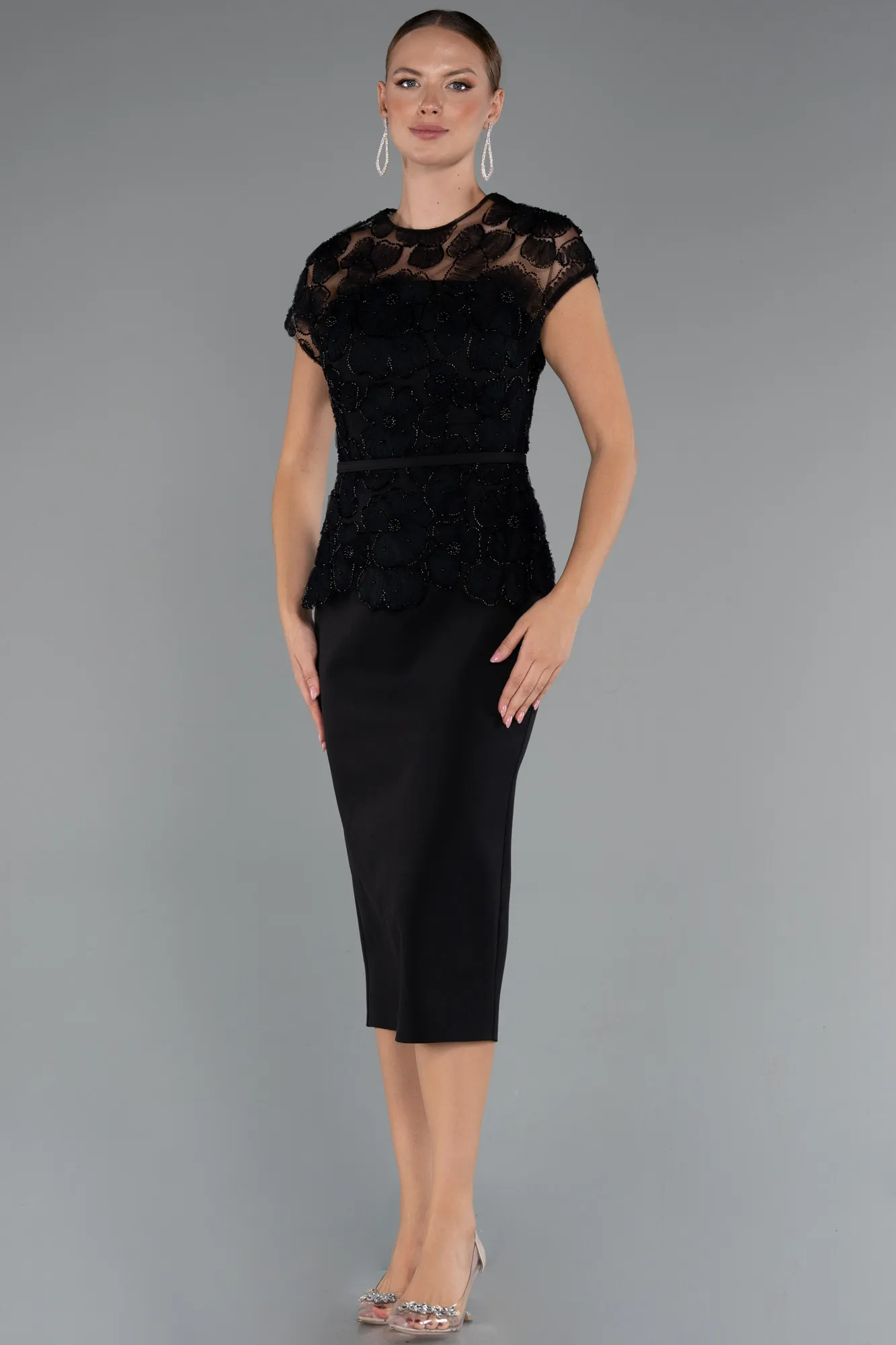 Black-Midi Dantelle Party Dress ABK2427