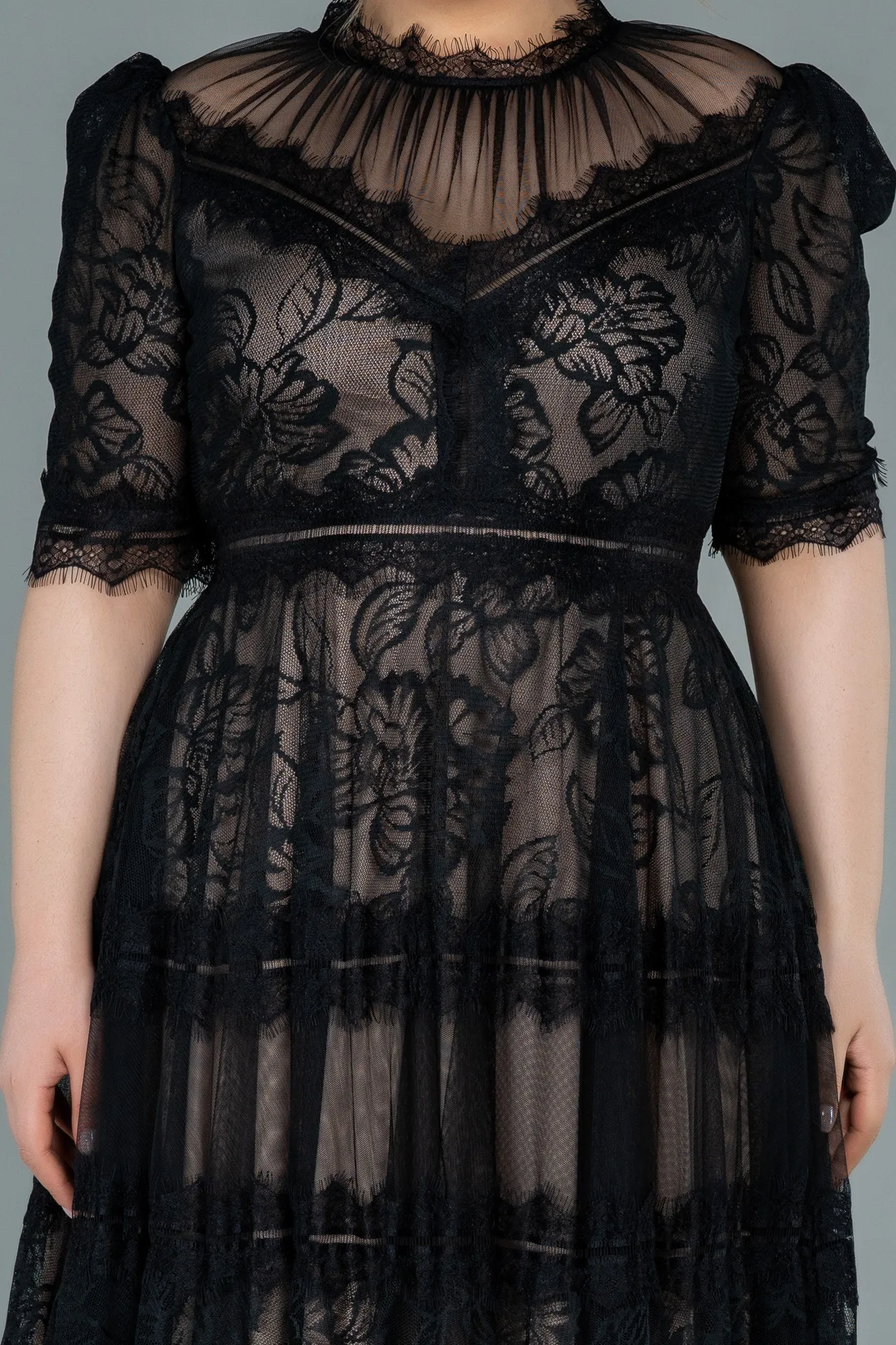 Black-Midi Dantelle Plus Size Evening Dress ABK1396