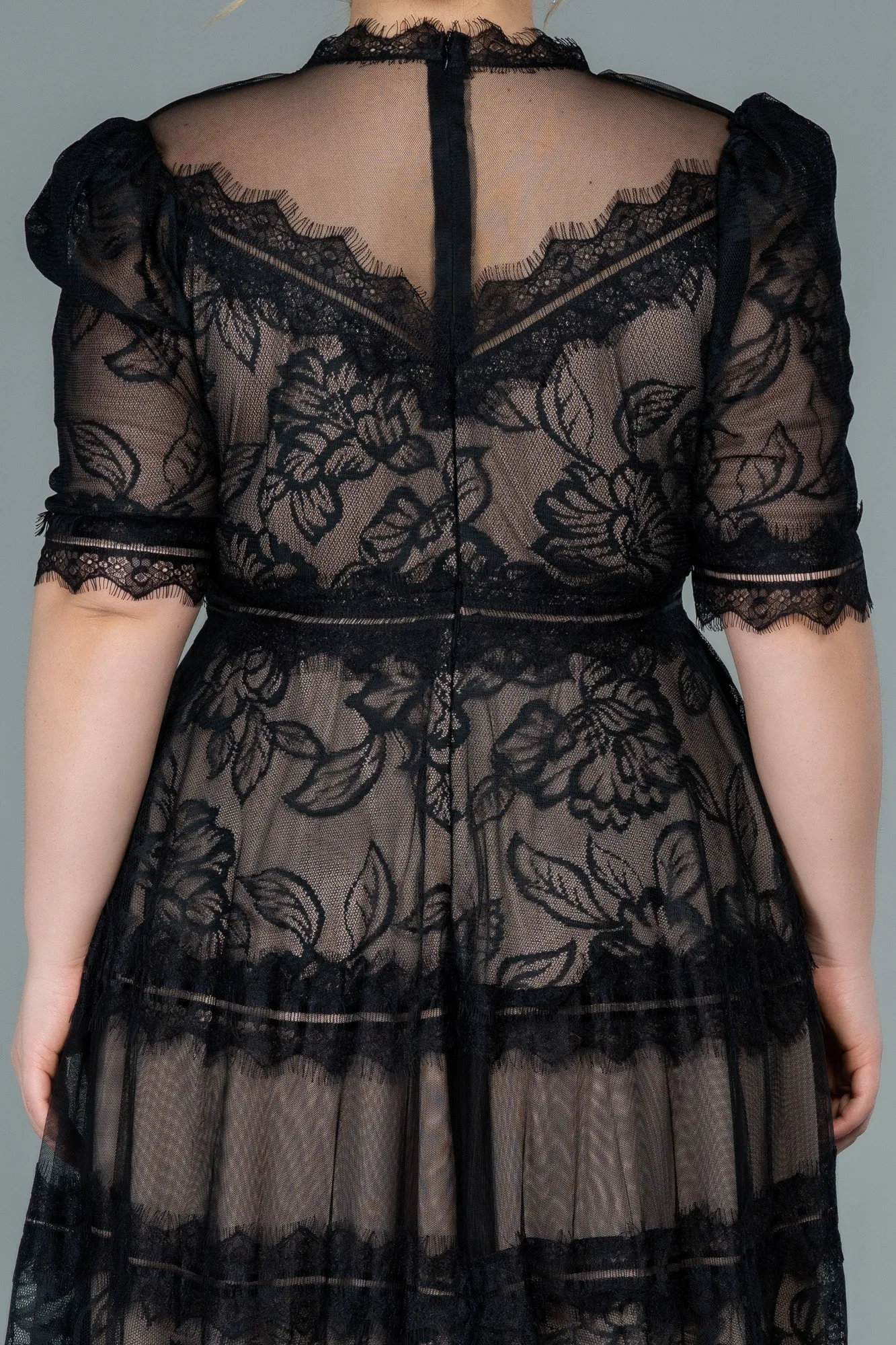 Black-Midi Dantelle Plus Size Evening Dress ABK1396