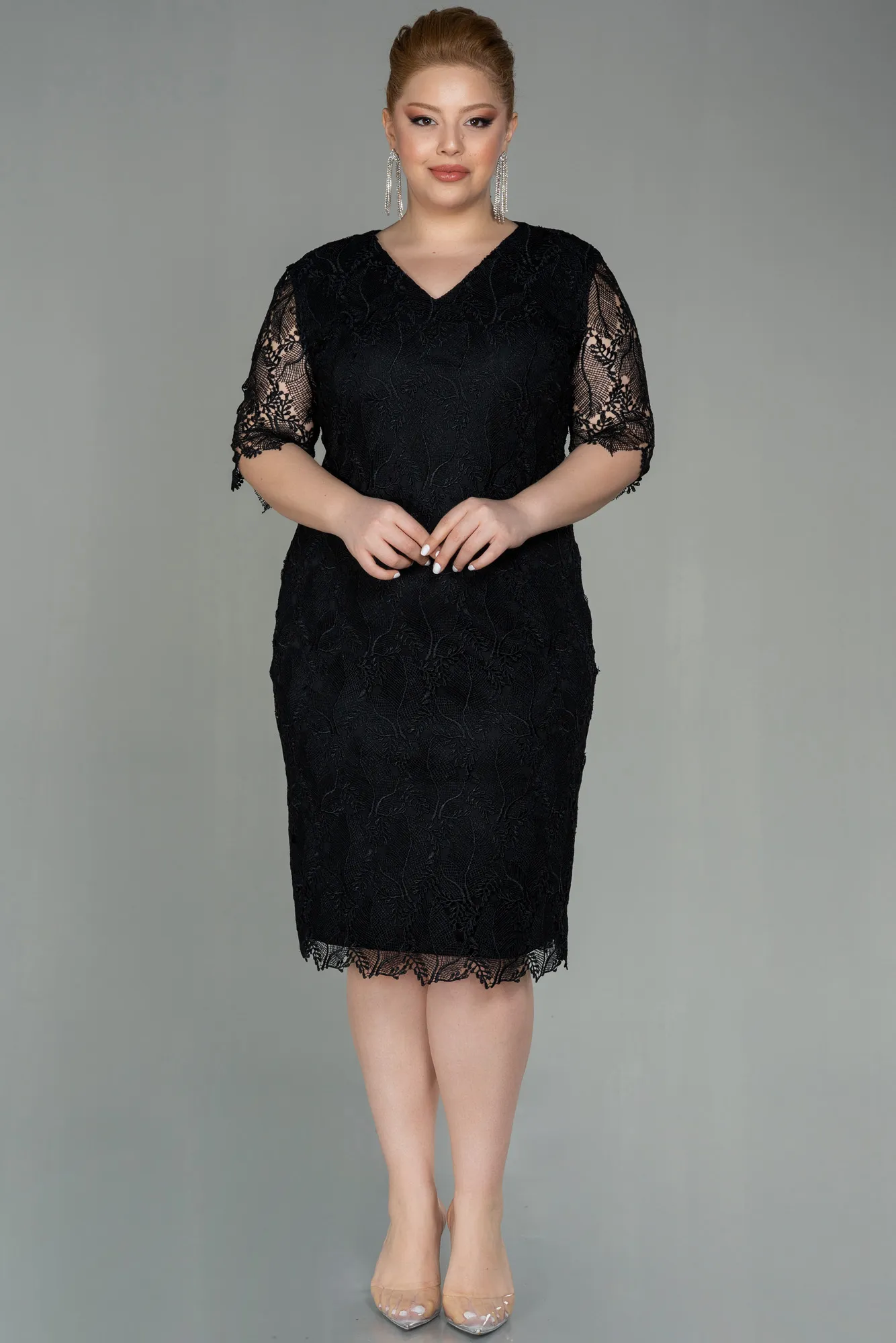 Black-Midi Dantelle Plus Size Evening Dress ABK1623