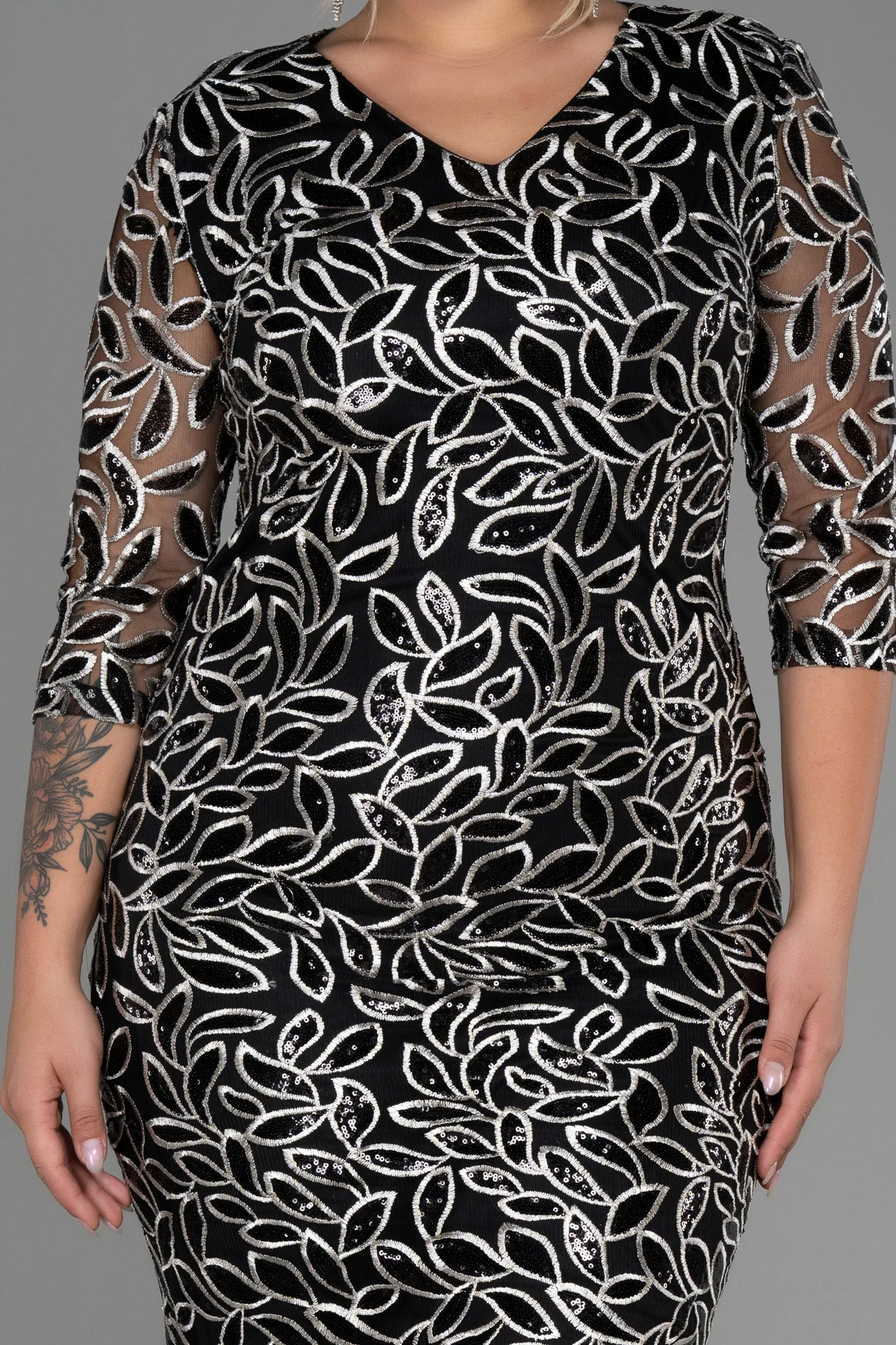 Black-Midi Laced Plus Size Evening Dress ABK1804